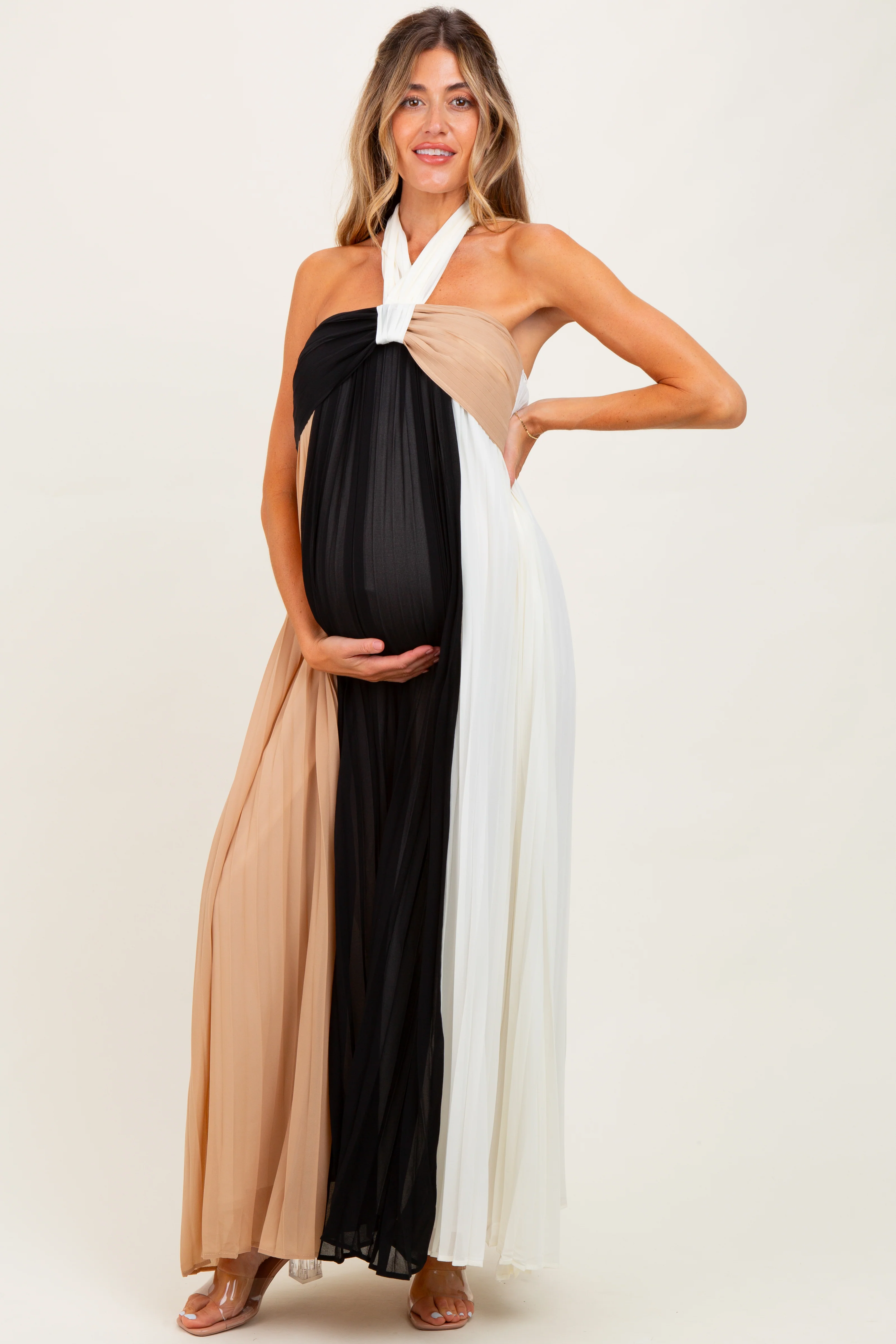 Taupe Colorblock Pleated Halter Neck Maternity Maxi Dress - Image 3