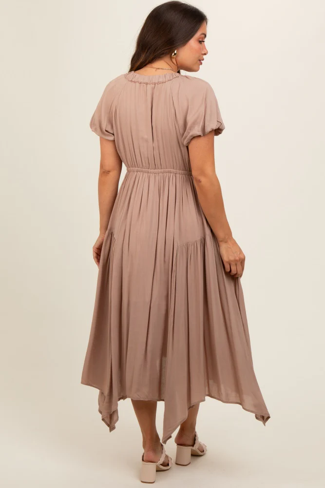 Taupe Deep V-Neck Puff Short Sleeve Asymmetrical Hem Maternity Midi Dress - Image 4