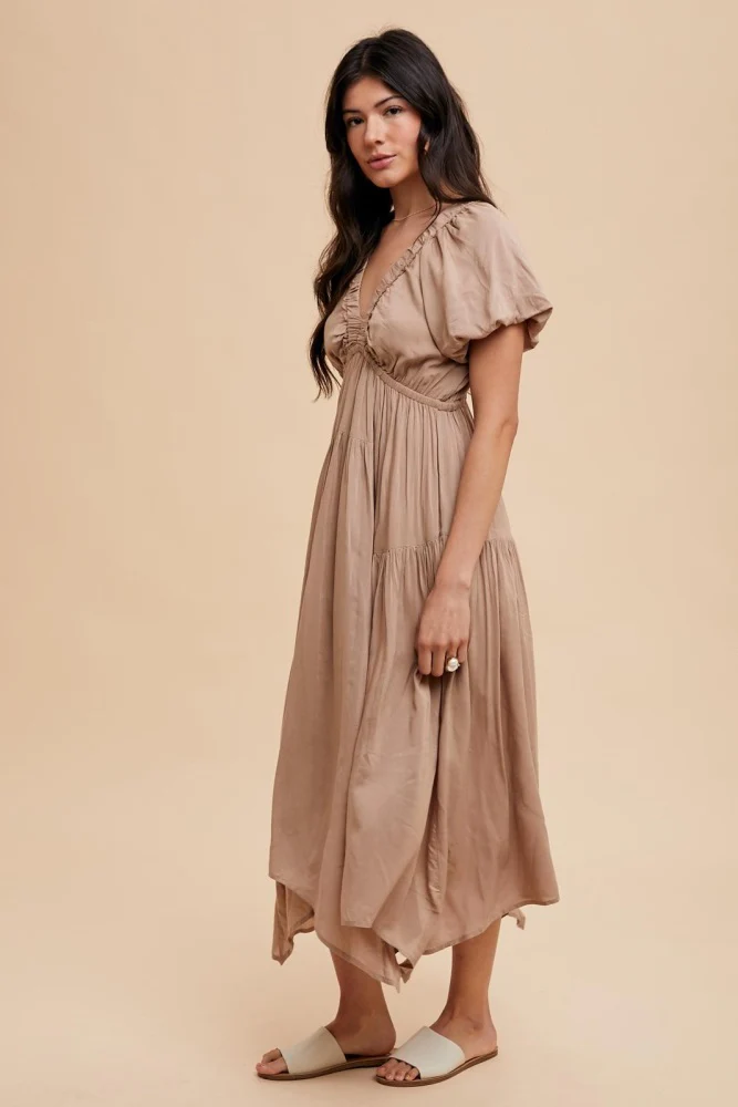 Taupe Deep V-Neck Puff Short Sleeve Asymmetrical Hem Midi Dress - Image 4