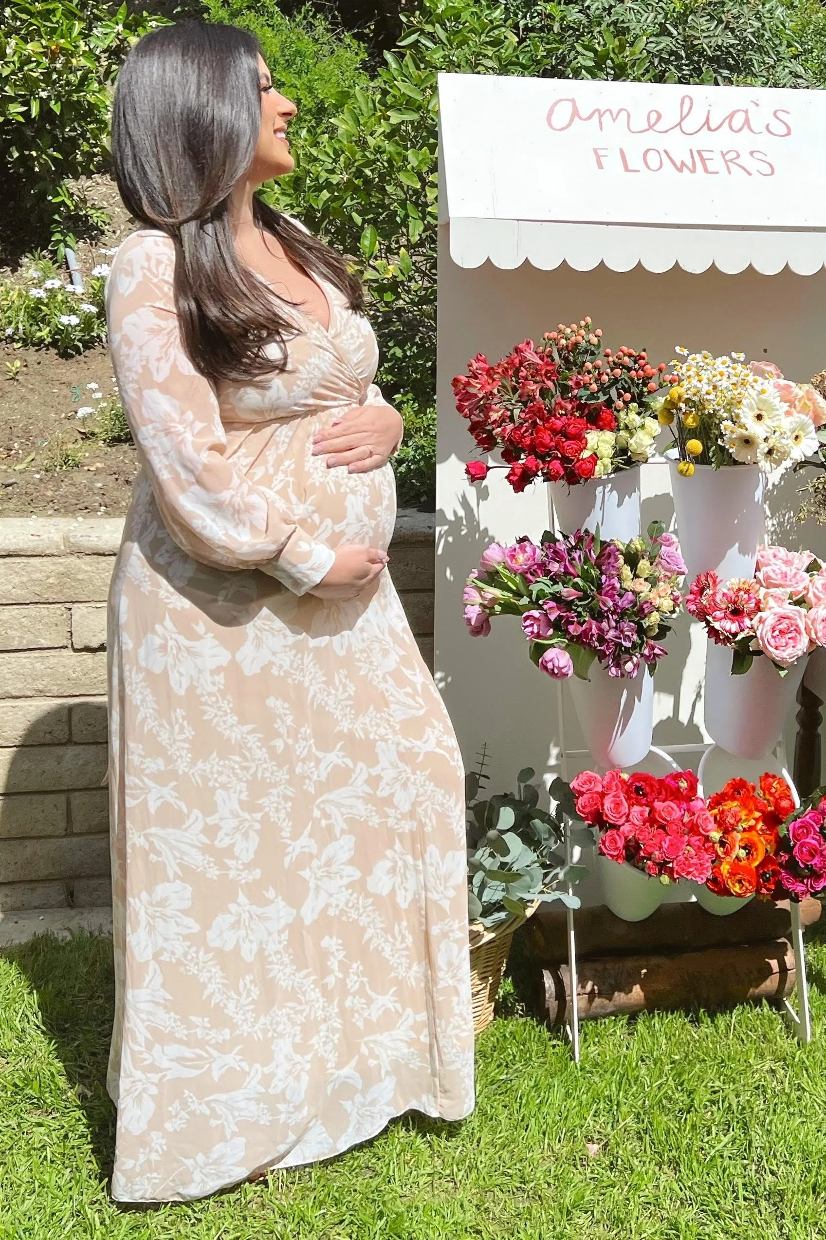Taupe Floral Chiffon Maternity Maxi Dress - Image 5