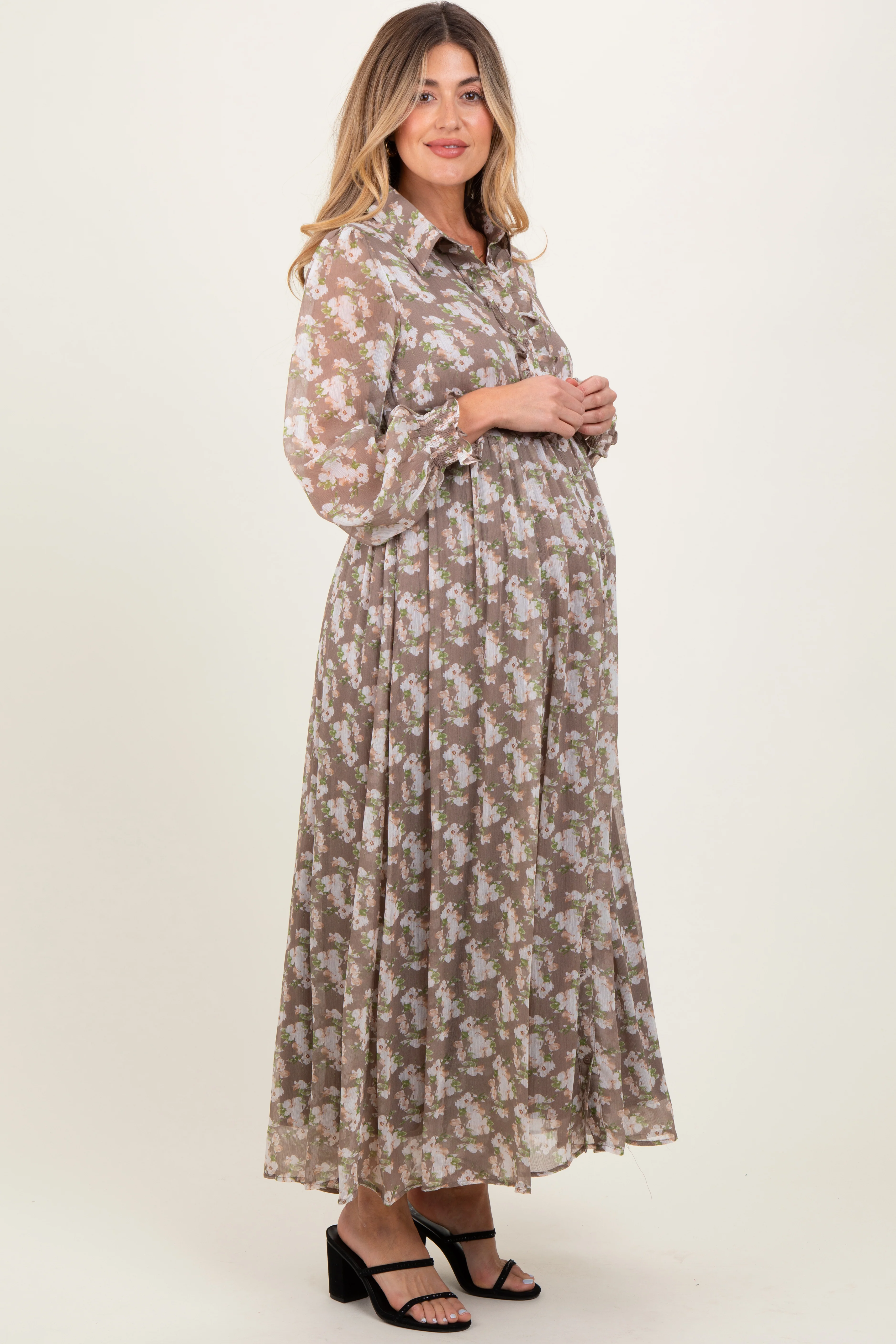 Taupe Floral Chiffon Ruffle Accent Button Down Maternity Maxi Dress - Image 3