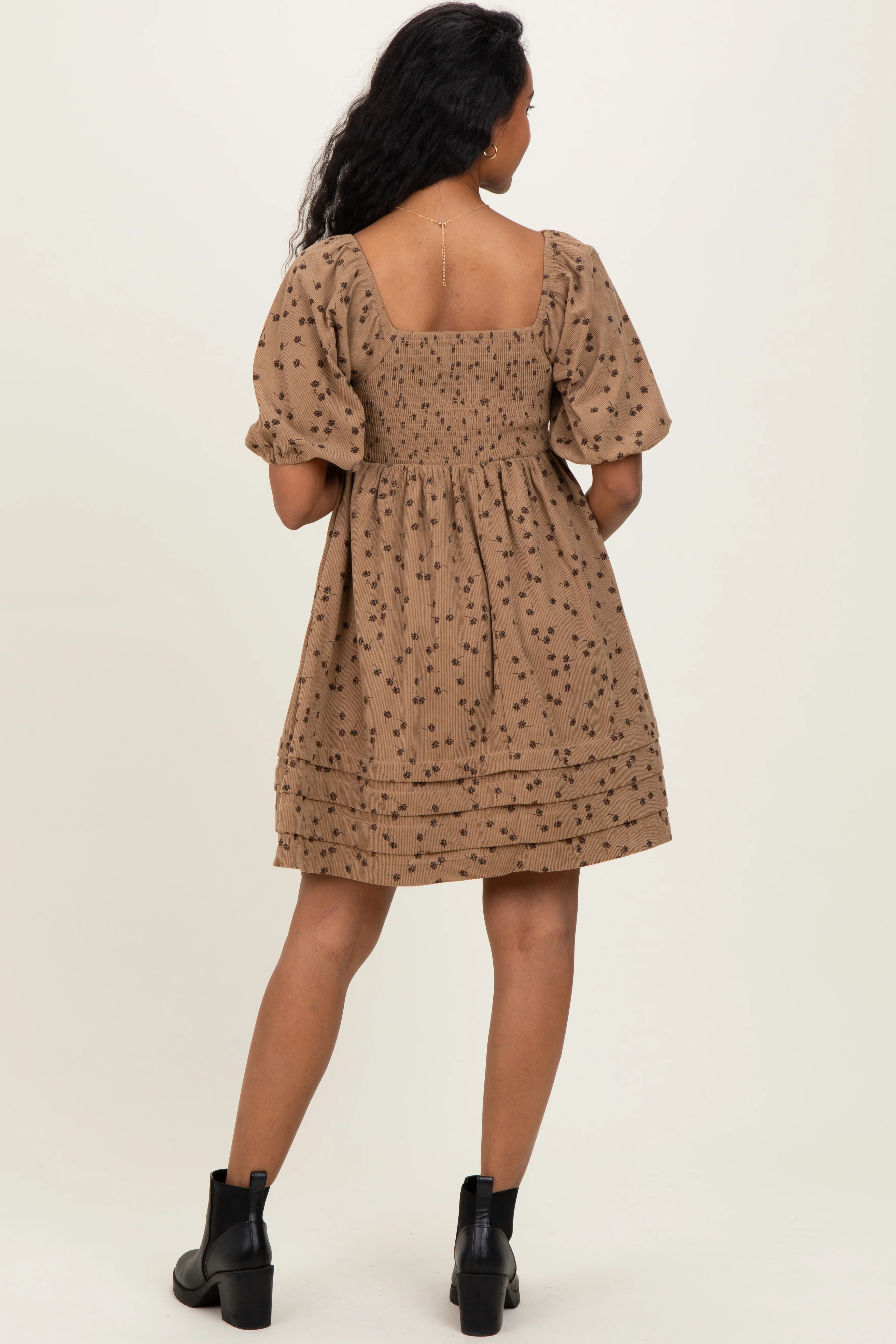 Taupe Floral Corduroy Puff Sleeve Babydoll Mini Maternity Dress - Image 4