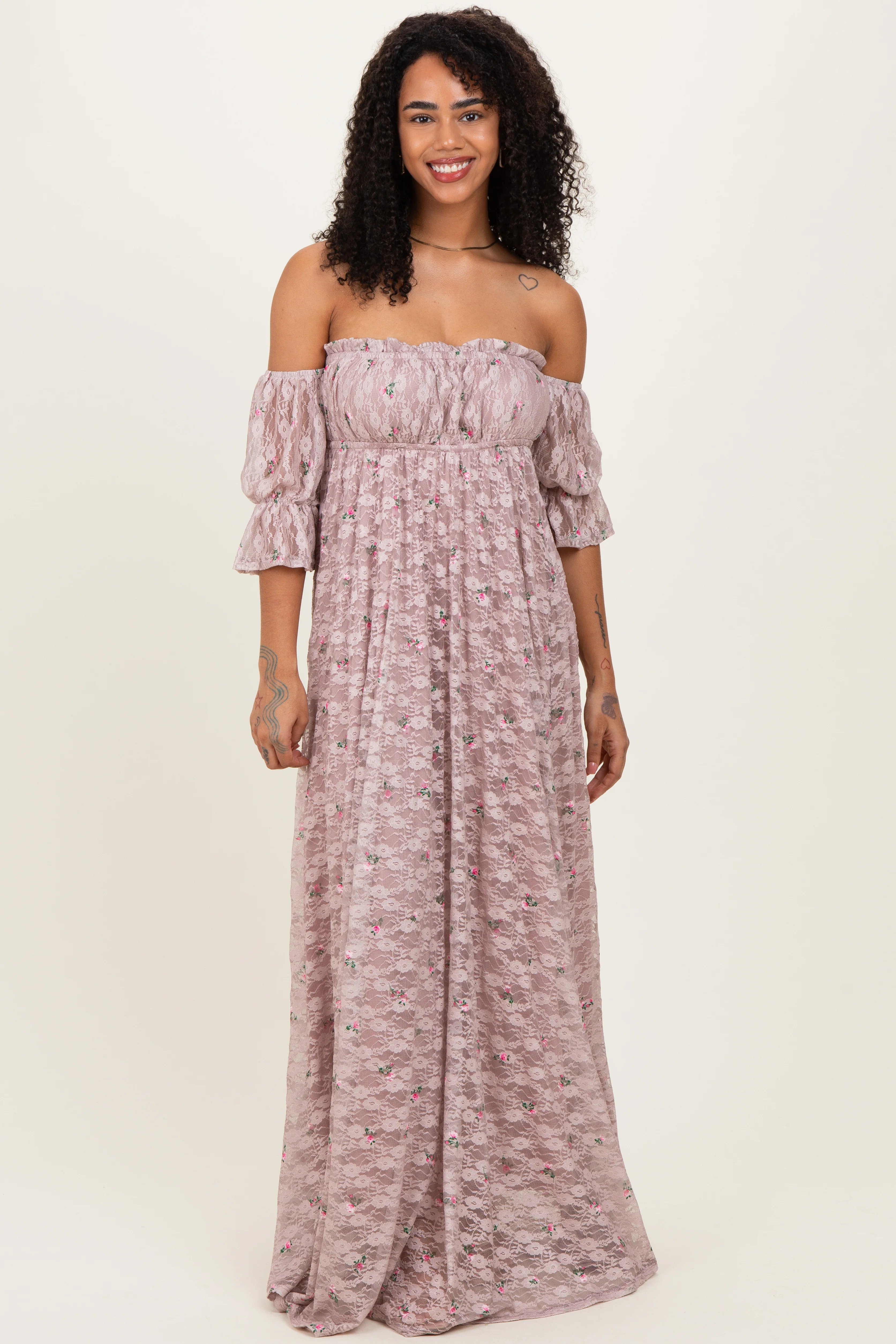 Taupe Floral Lace Off Shoulder Ruffe Sleeve Maternity Maxi Dress - Image 5