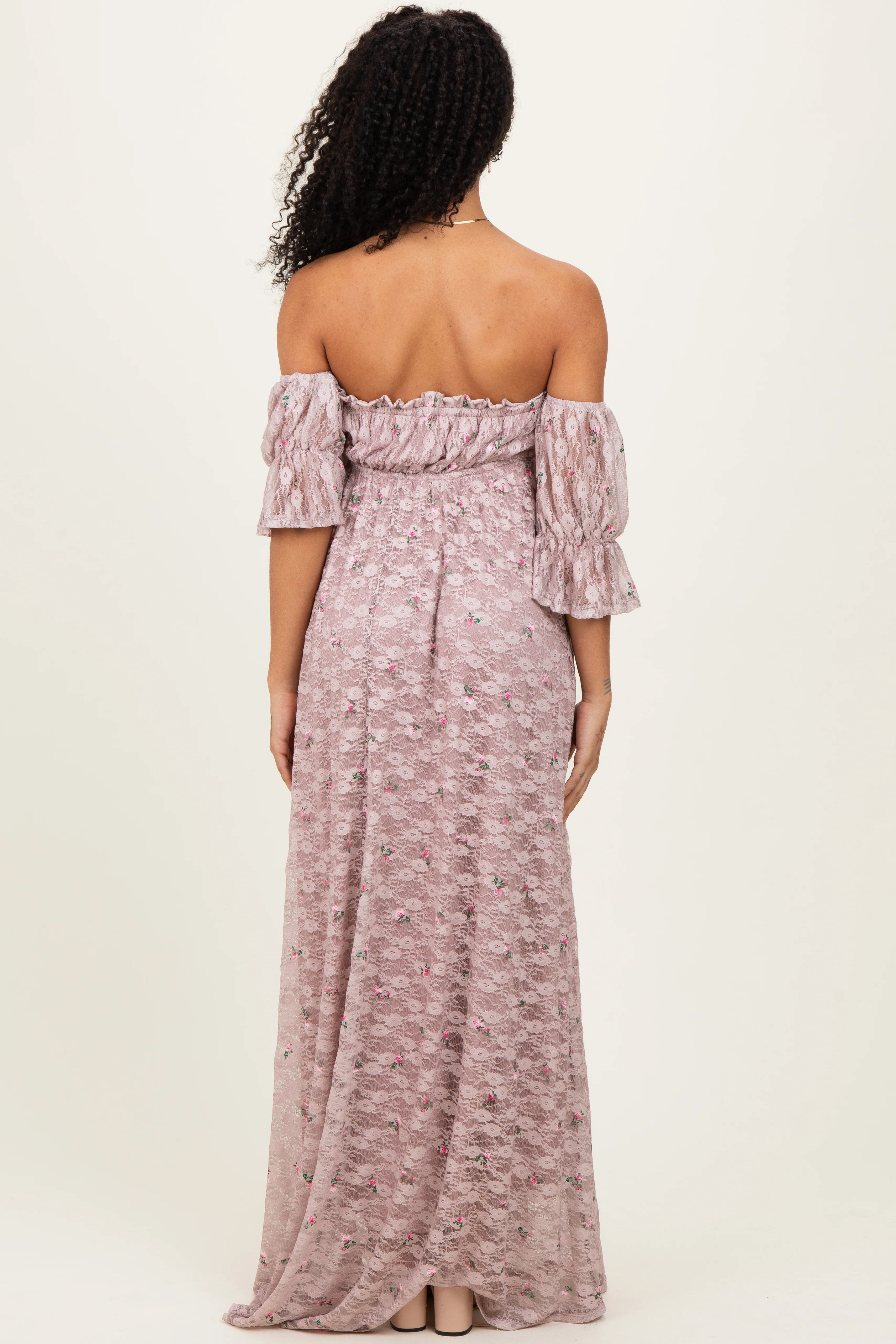 Taupe Floral Lace Off Shoulder Ruffle Sleeve Maxi Dress - Image 4