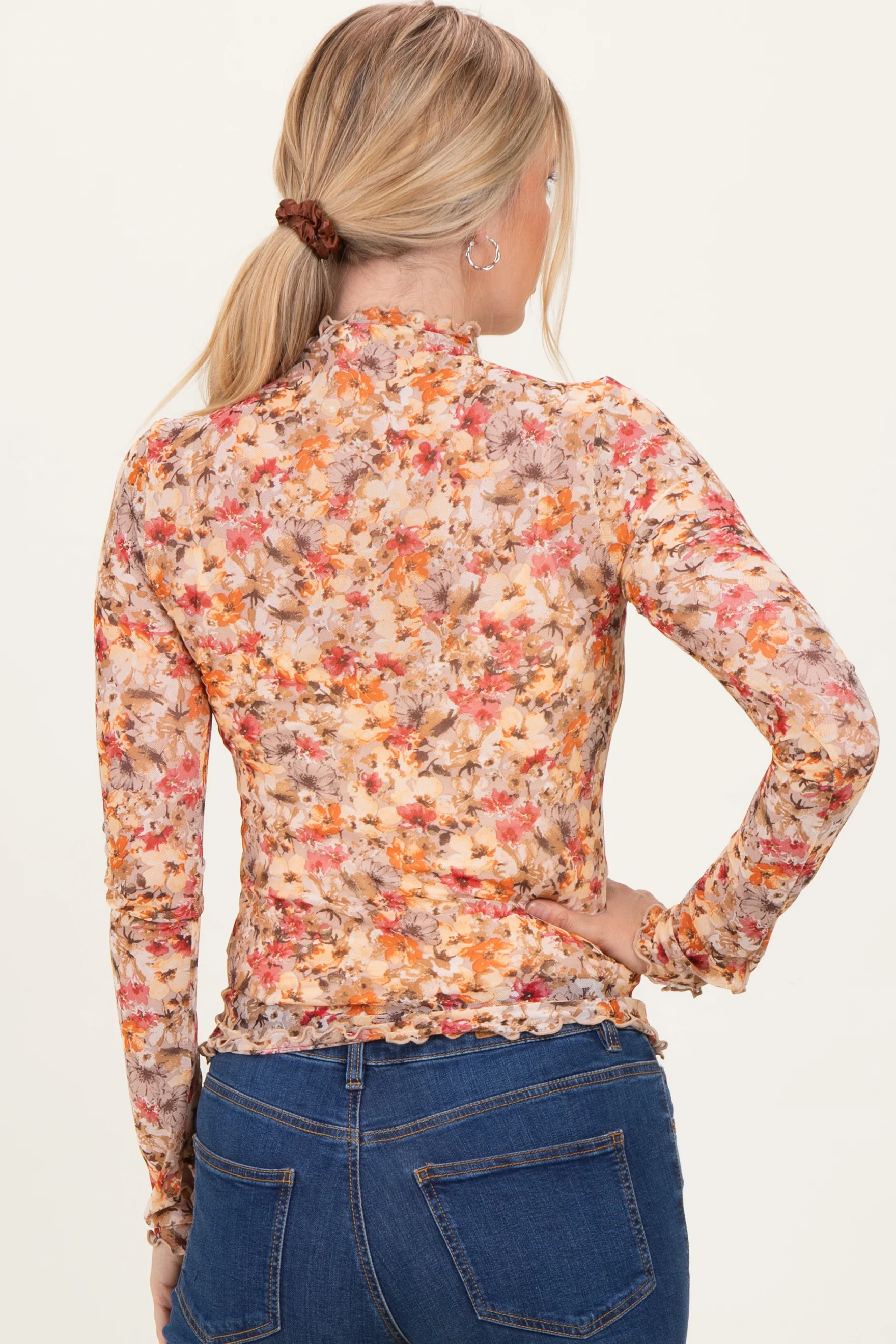 Taupe Floral Mesh Mock Neck Long Sleeve Top - Image 4