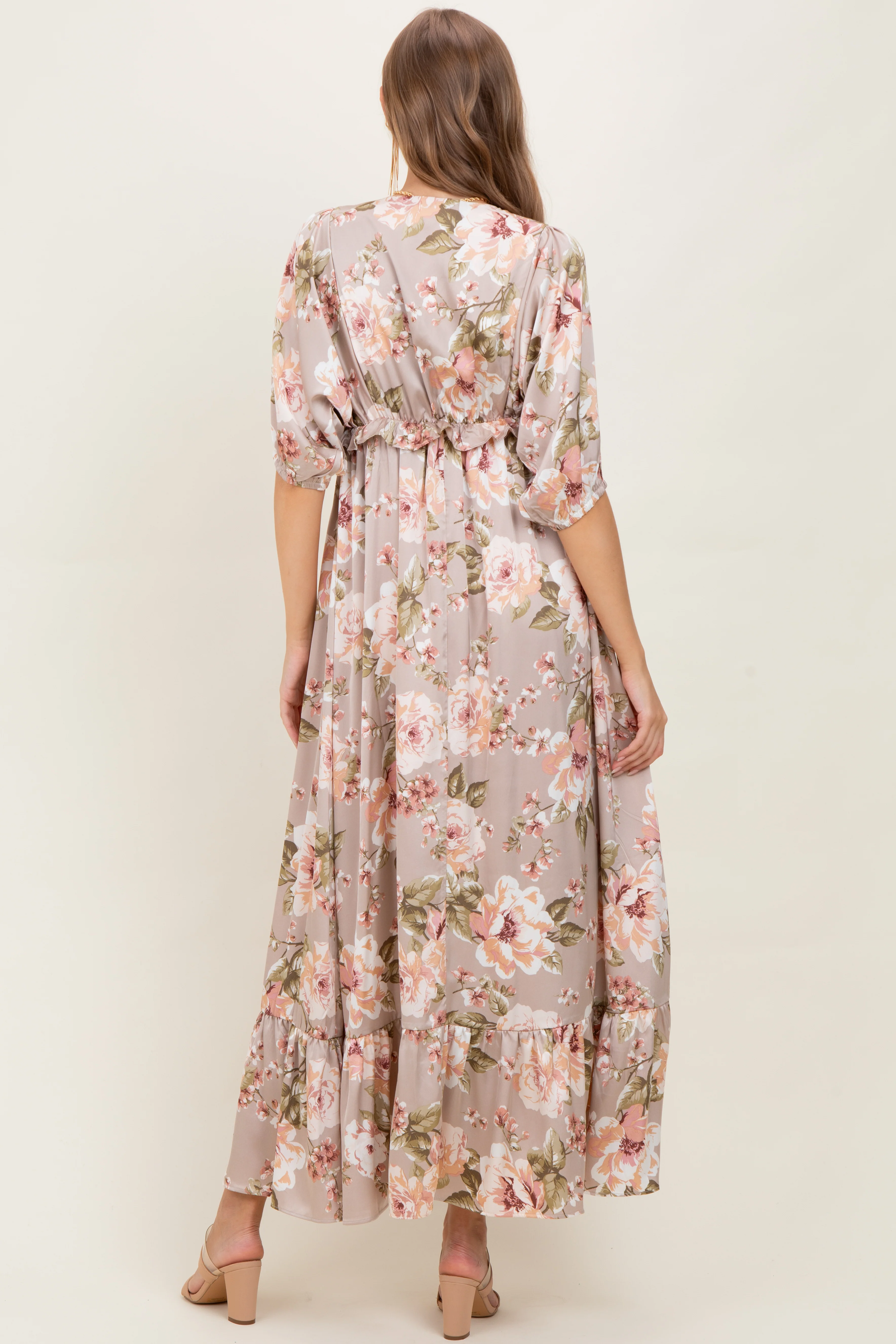 Taupe Floral Print Elbow Sleeve V-Neck Tiered Maternity Maxi Dress - Image 4