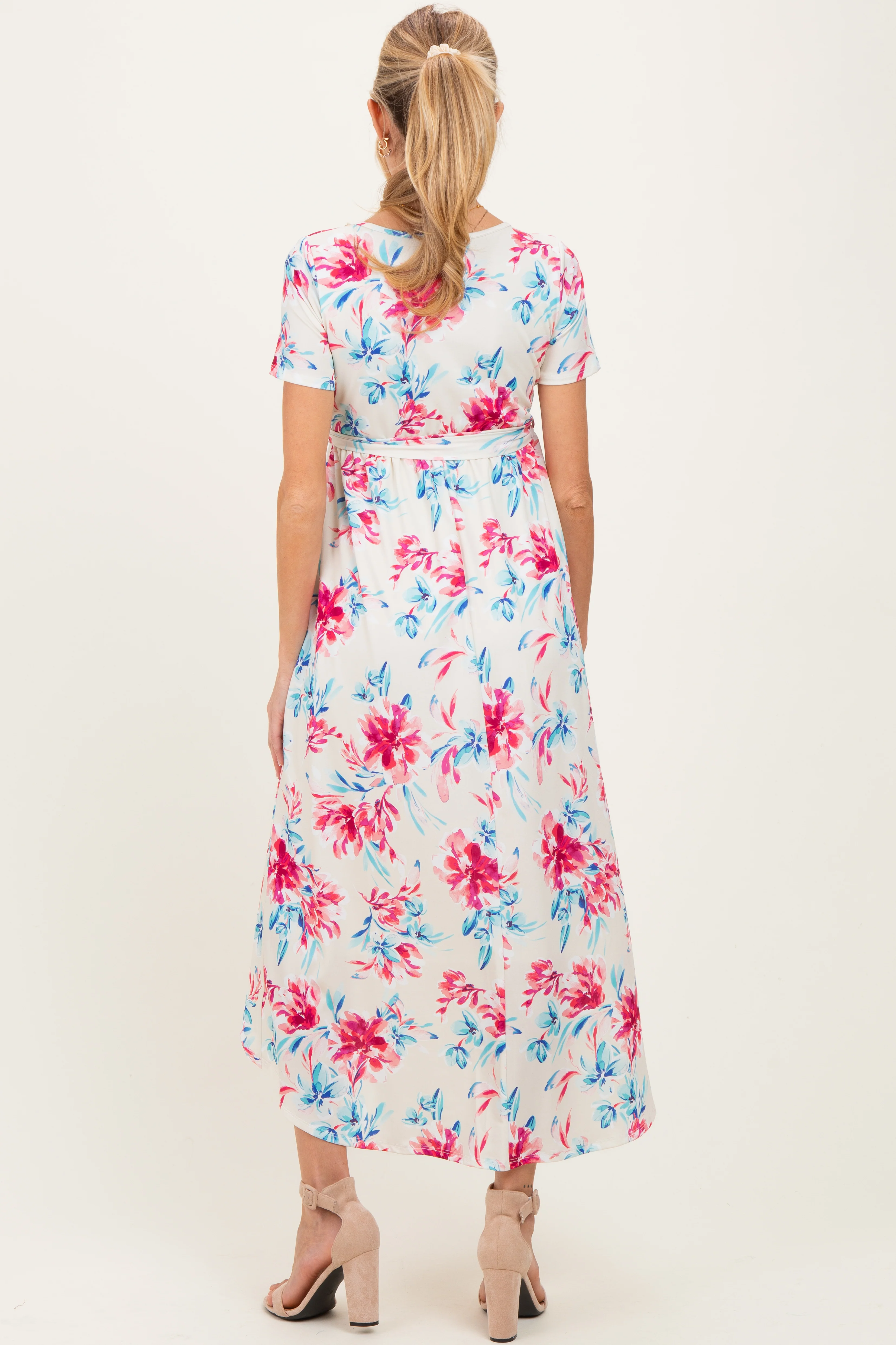 Taupe Floral Print Short Sleeve Hi-Low Maternity Wrap Dress - Image 4