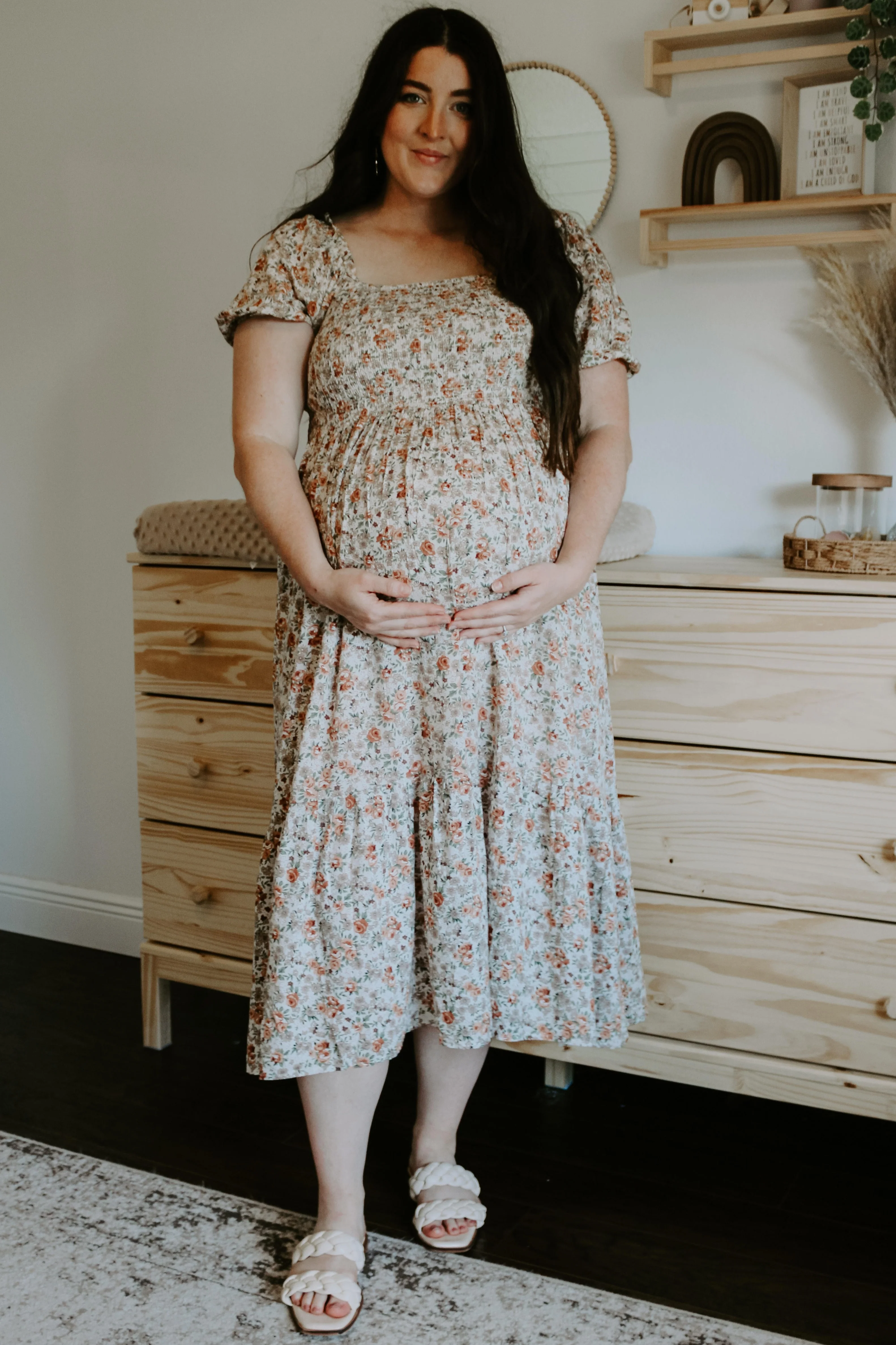 Taupe Floral Smocked Puff Sleeve Maternity Midi Dress - Image 5