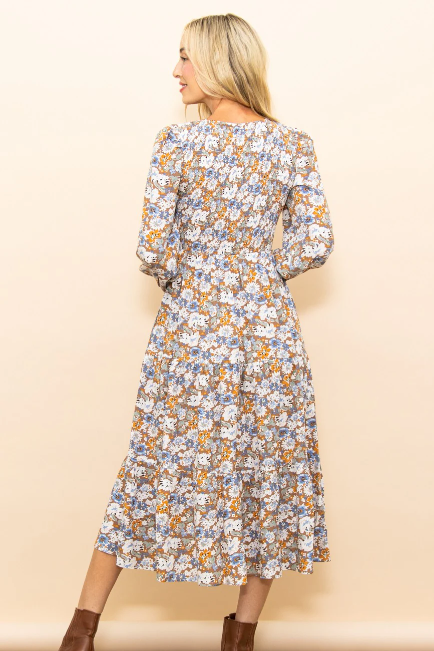 Taupe Floral Smocked Tiered Midi Dress - Image 3
