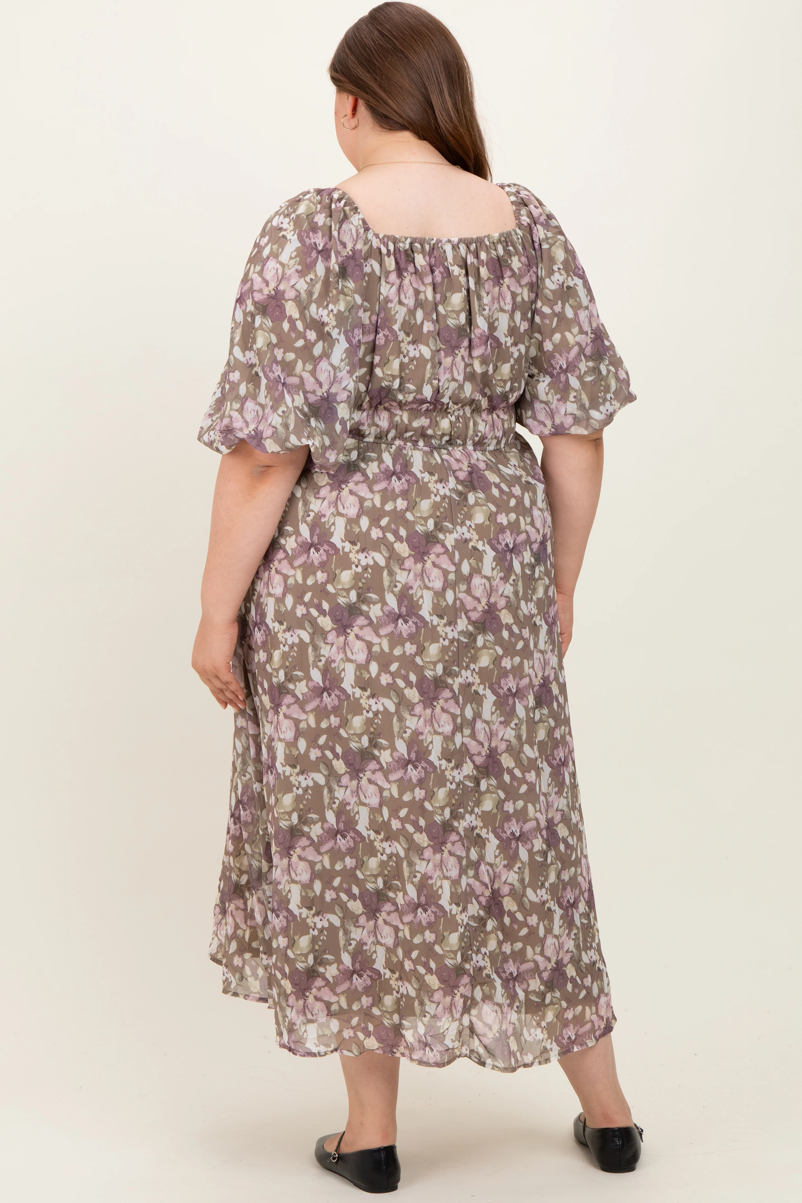 Taupe Floral Square Neck Short Puff Sleeve Maternity Plus Midi Dress - Image 4