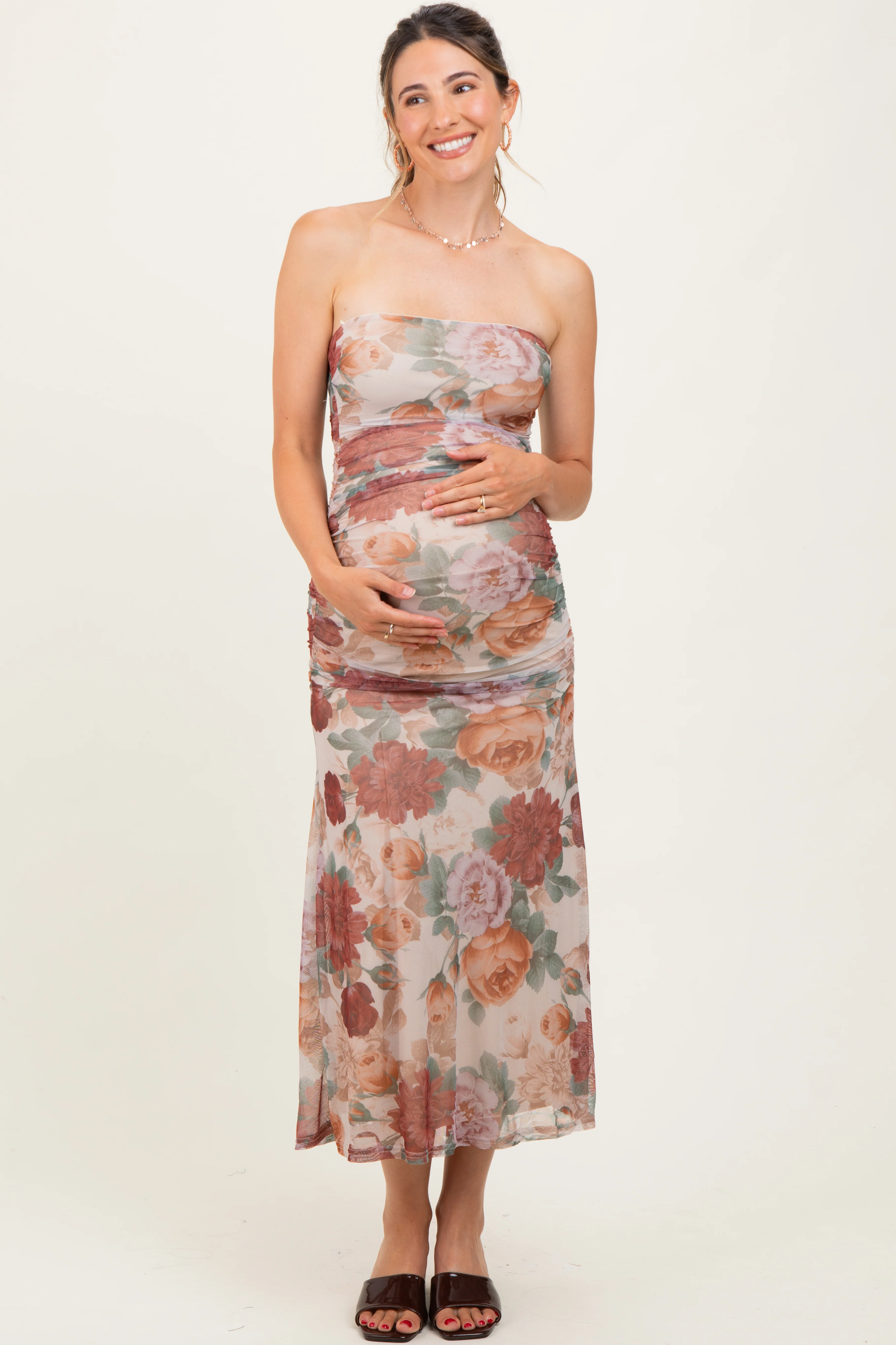 Taupe Floral Strapless Ruched Midi Maternity Dress - Image 3