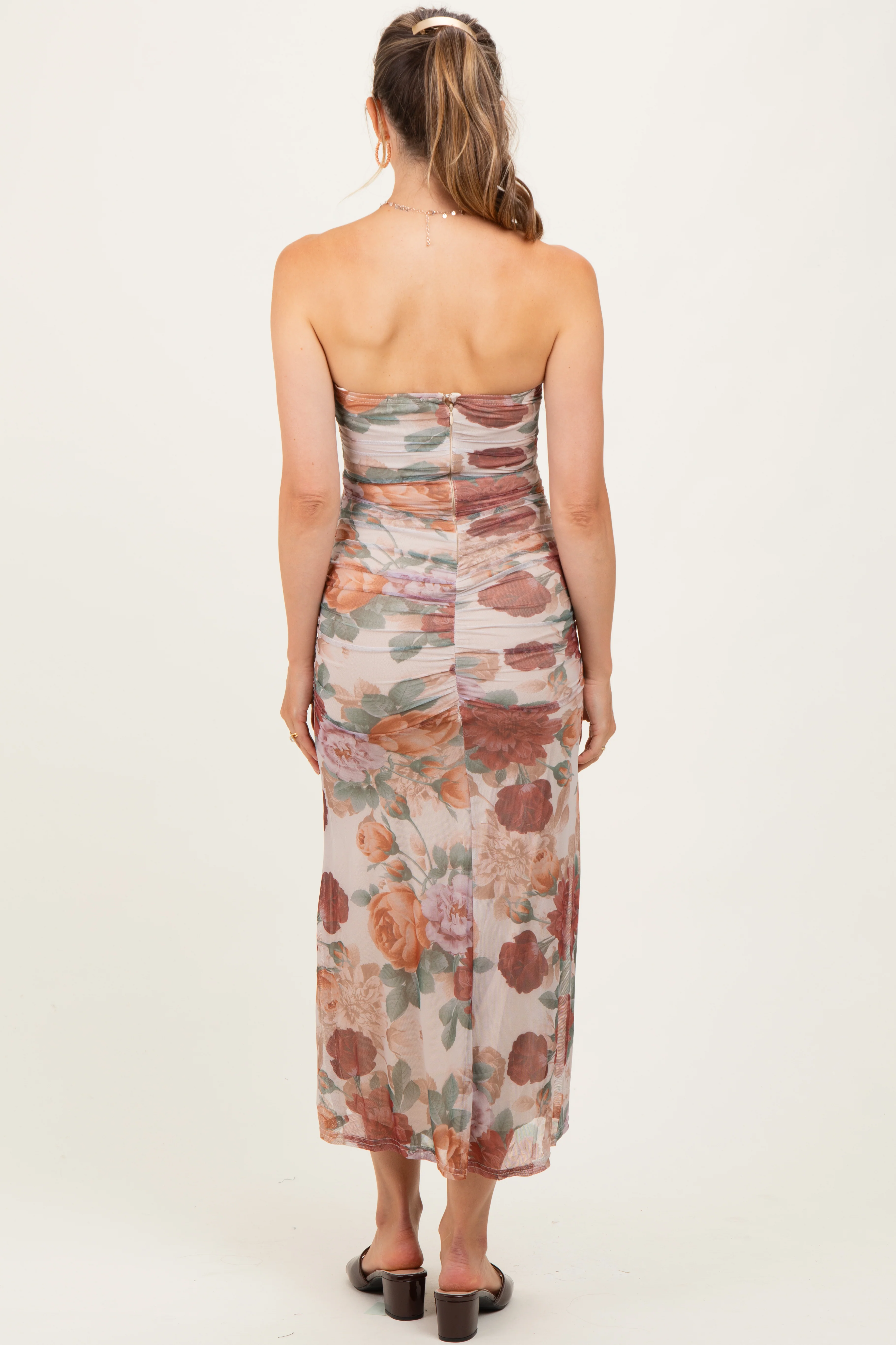 Taupe Floral Strapless Ruched Midi Maternity Dress - Image 4