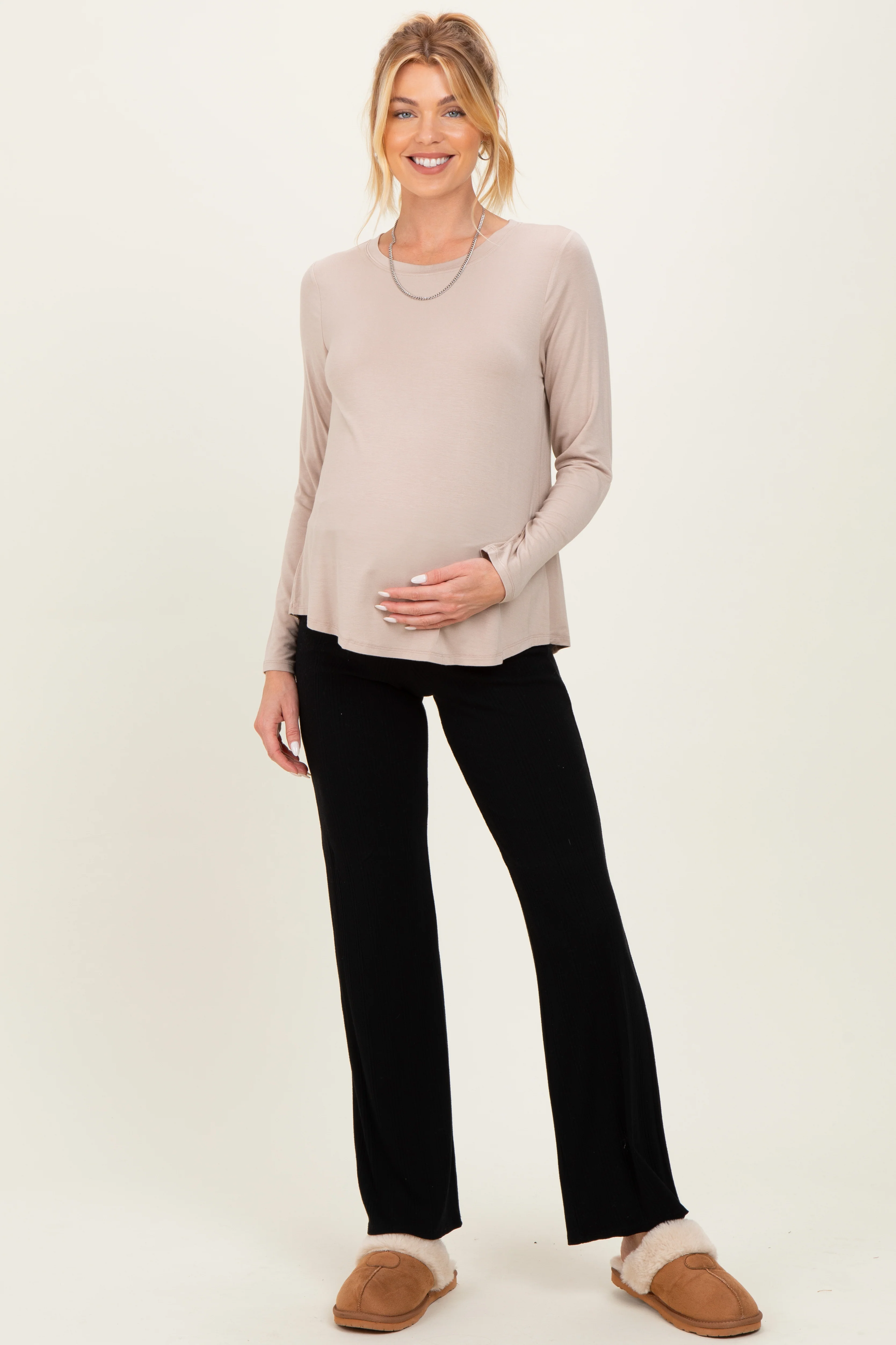 Taupe Flowy Round Hem Maternity Long Sleeve Top - Image 5