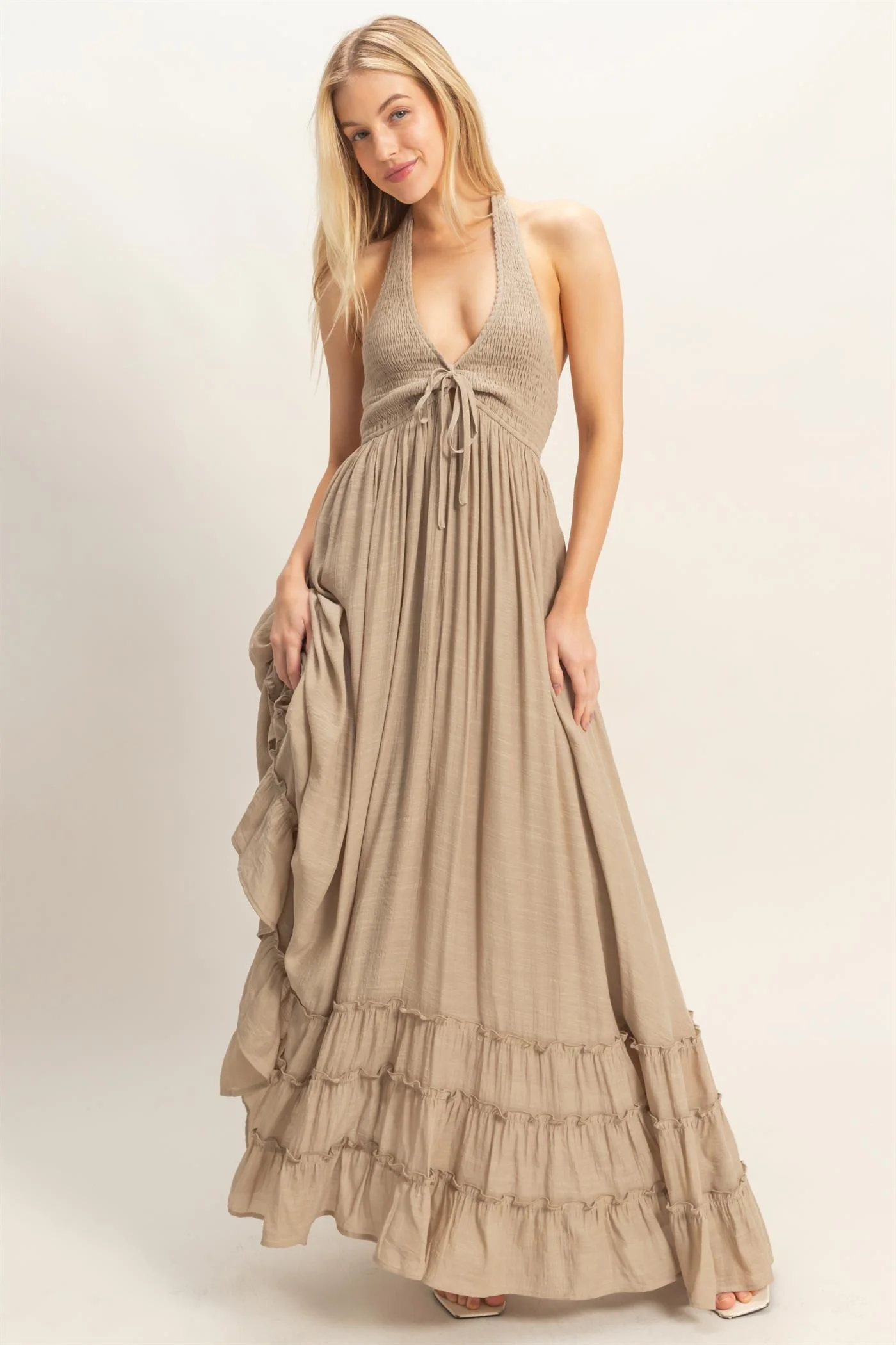 Taupe Halter Neck Smocked Maxi Dress - Image 2