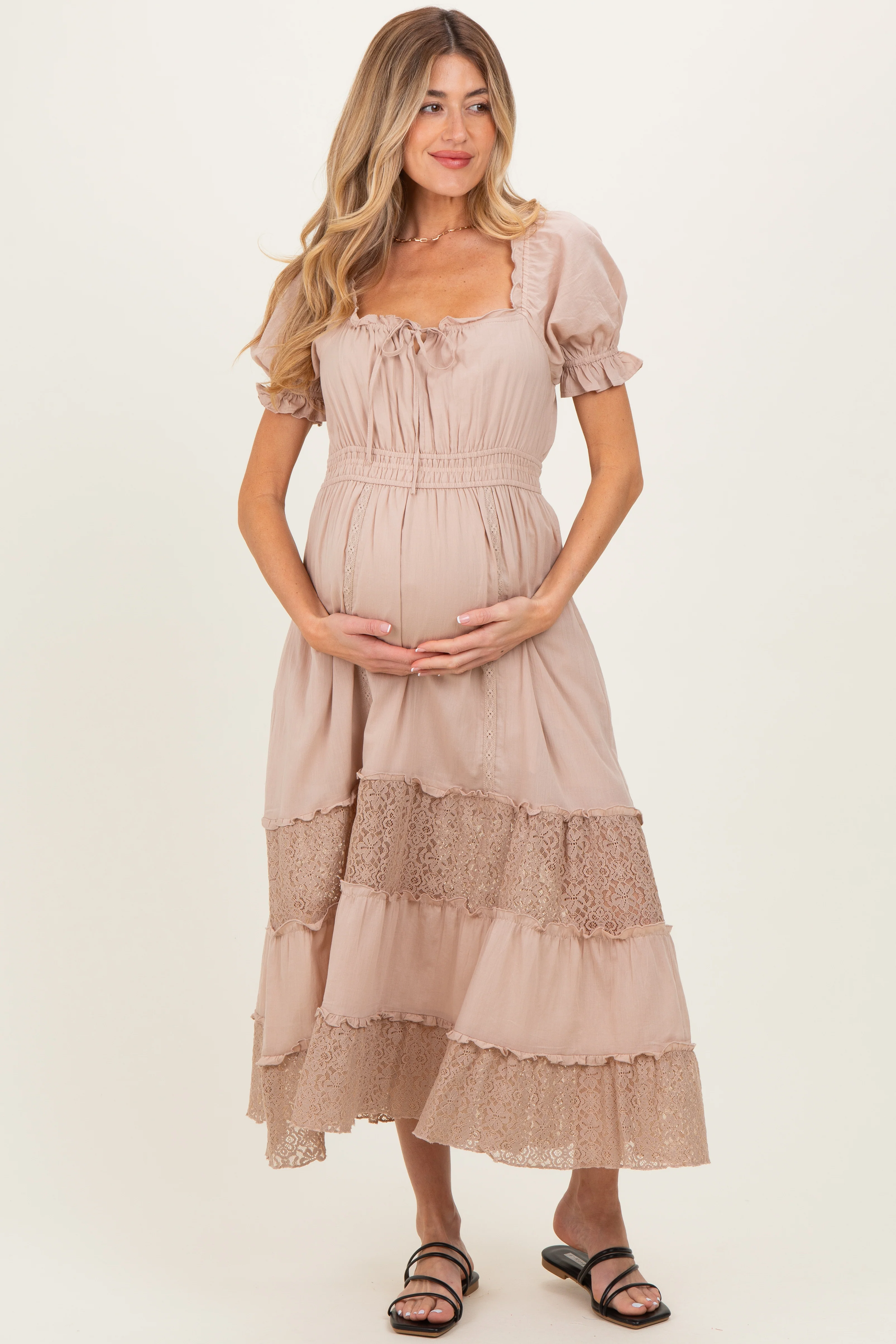 Taupe Lace Contrast Paneled Maternity Maxi Dress - Image 3