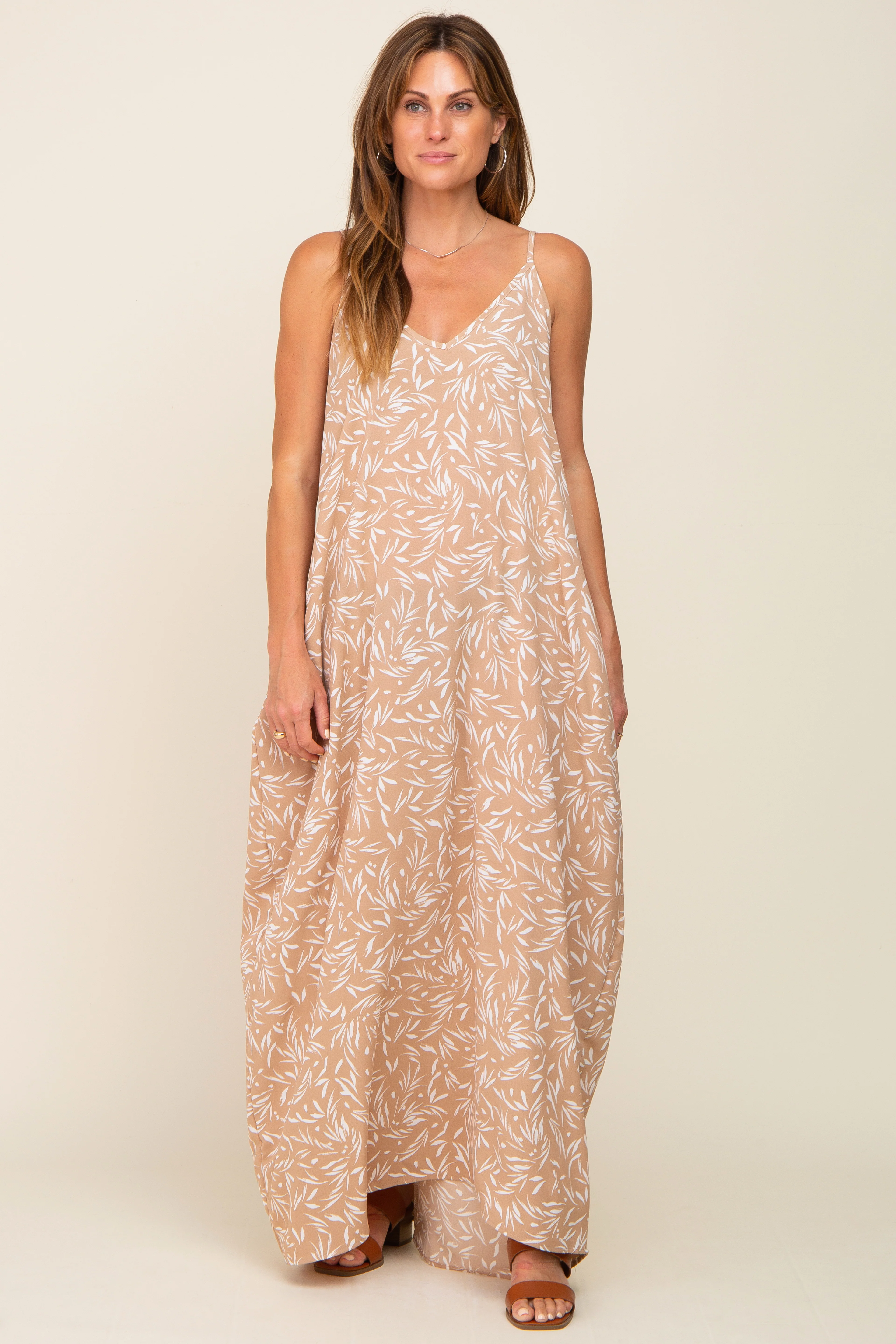 Taupe Leaf Print Double V-Neck Maxi Dress - Image 4