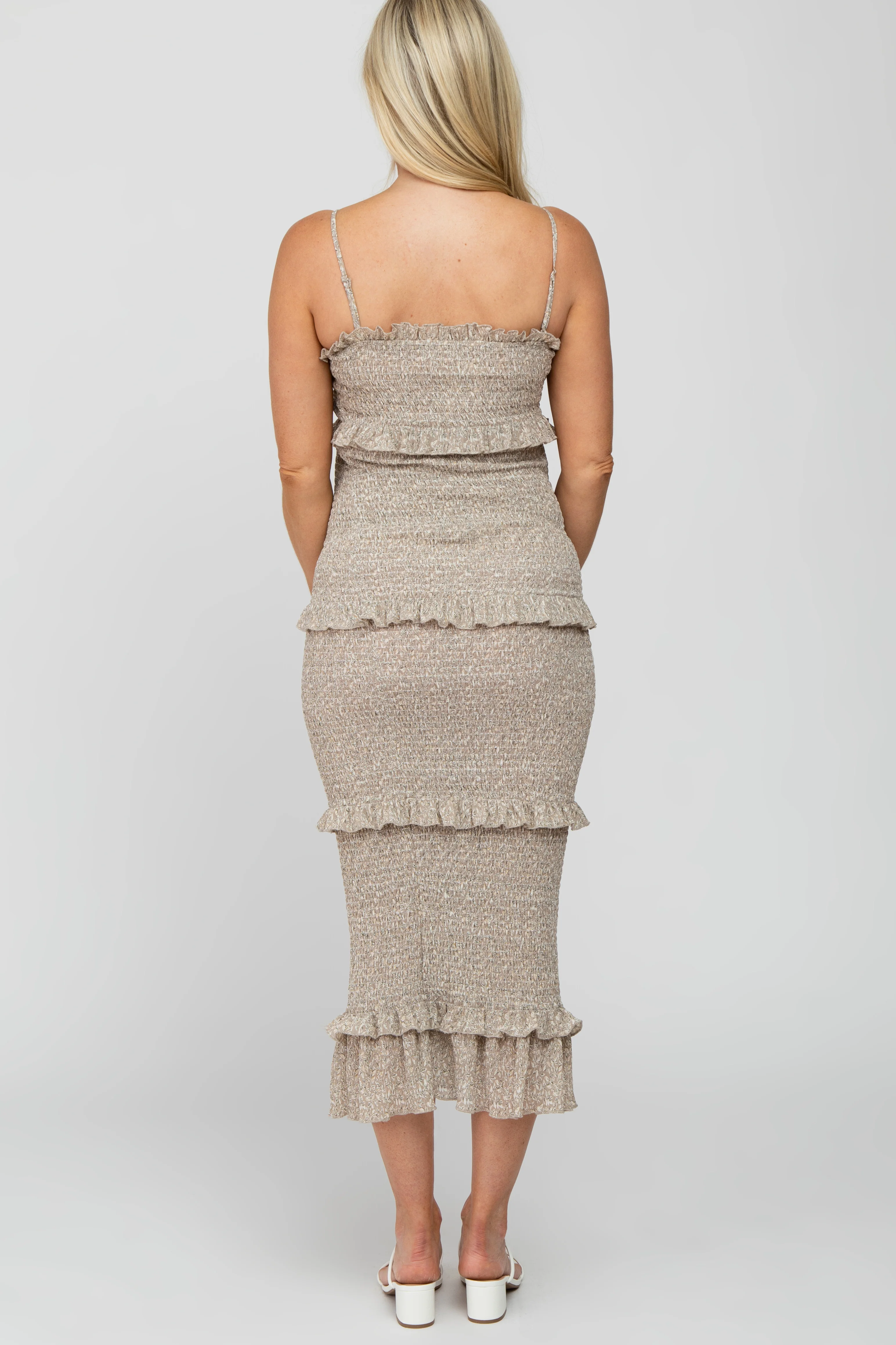 Taupe Leaf Print Smocked Fitted Maternity Midi Dress - Image 4