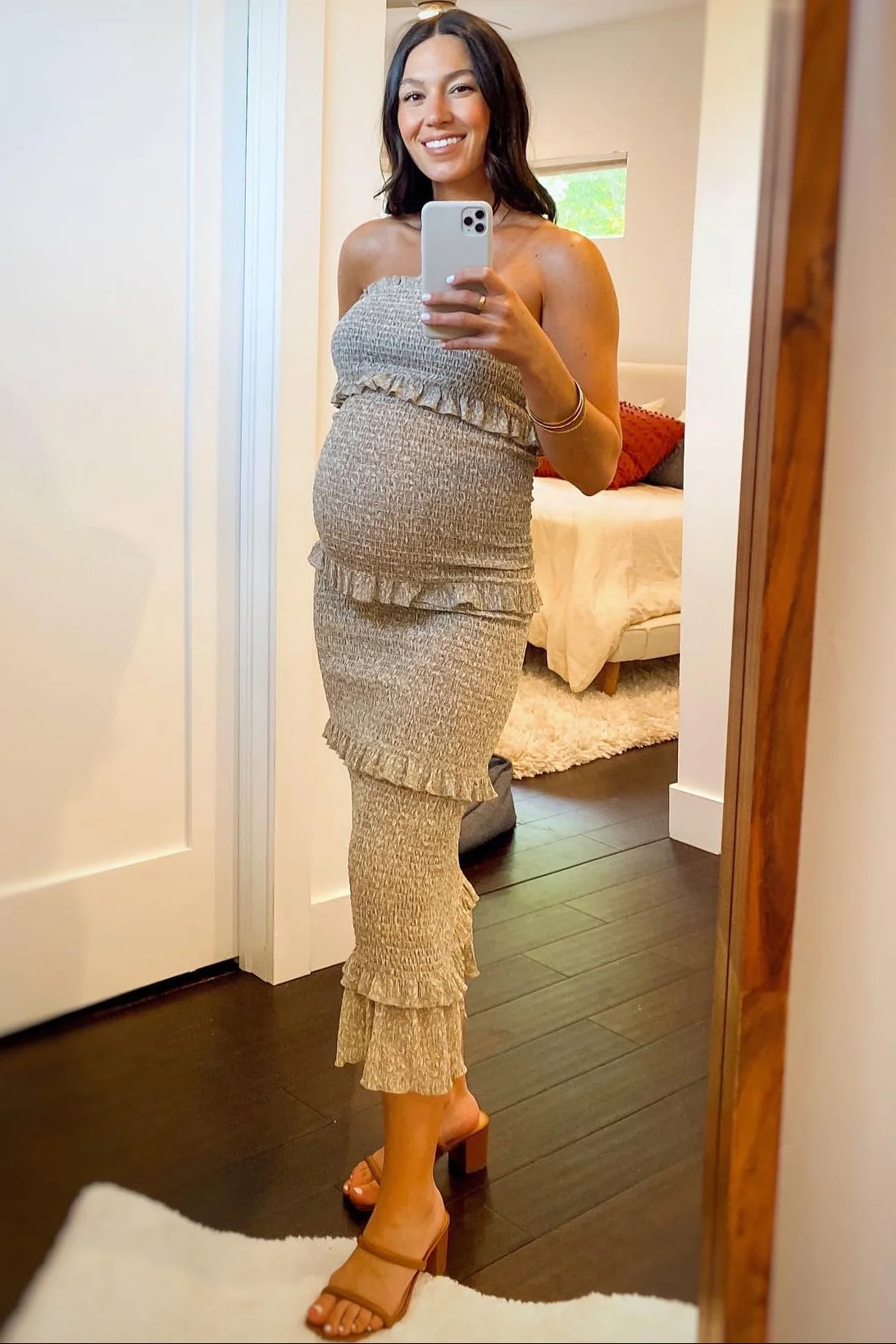 Taupe Leaf Print Smocked Fitted Maternity Midi Dress - Image 6