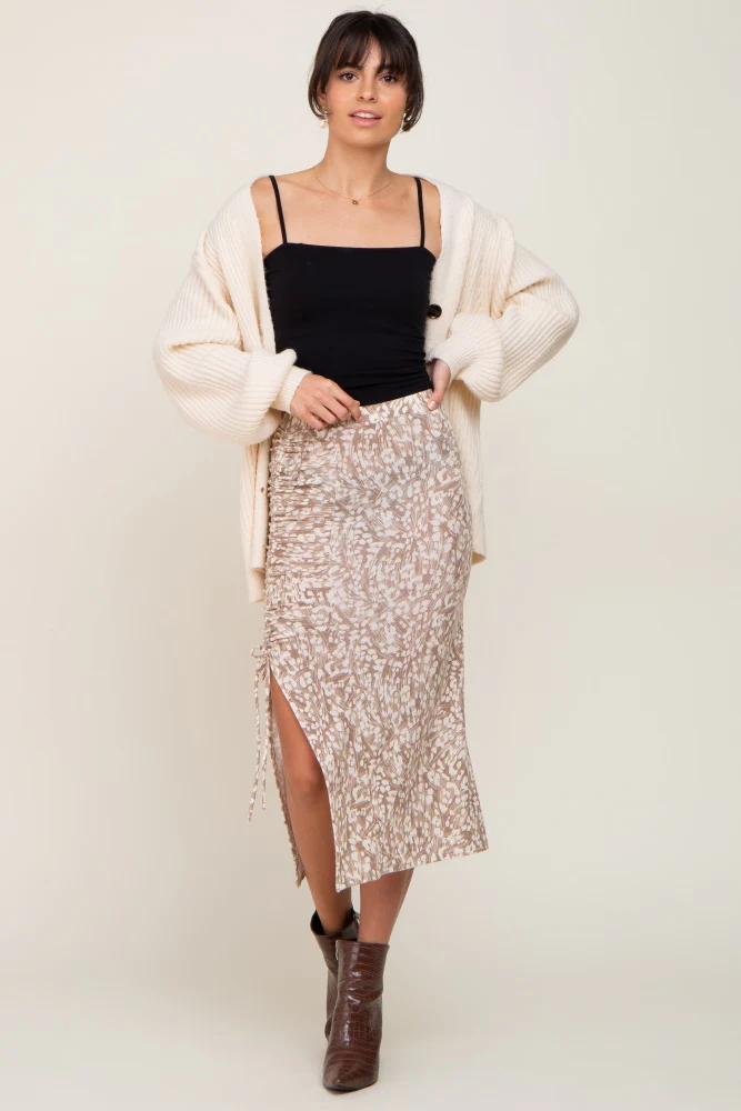 Taupe Leopard Print Drawstring Front Maternity Midi Skirt - Image 6