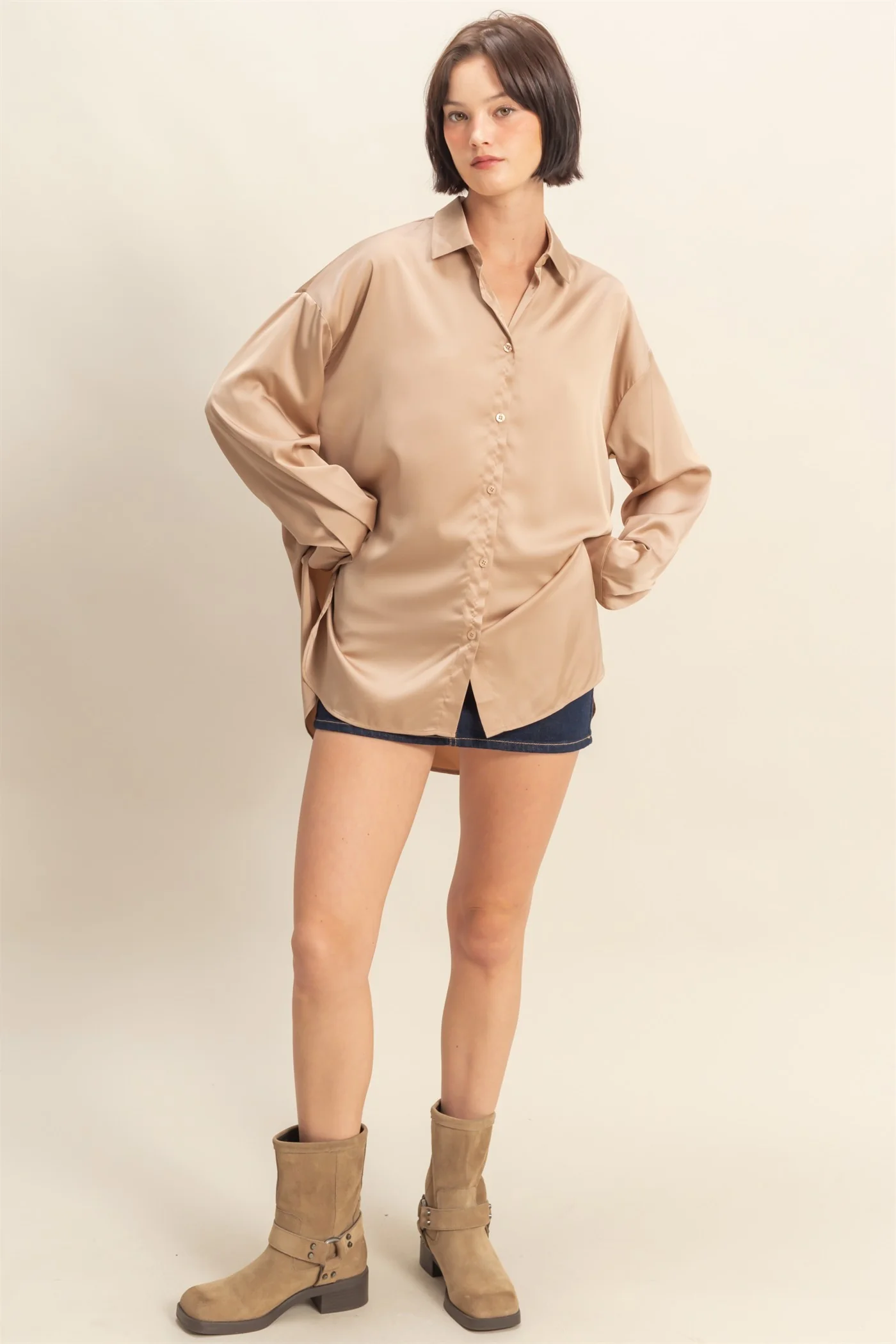 Taupe Long Sleeve Oversized Satin Maternity Shirt - Image 3