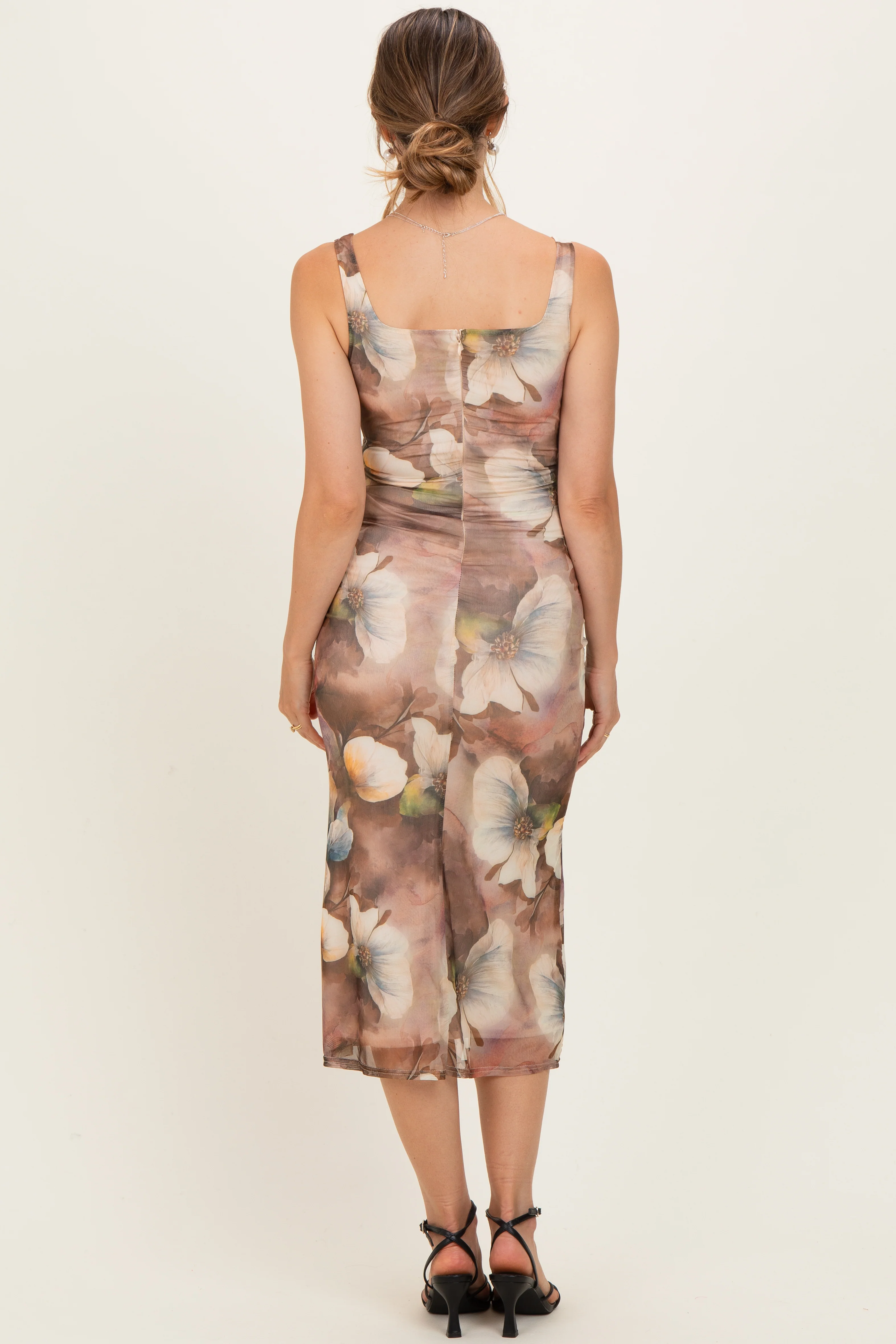 Taupe Mesh Floral Sleeveless Maternity Midi Dress - Image 4