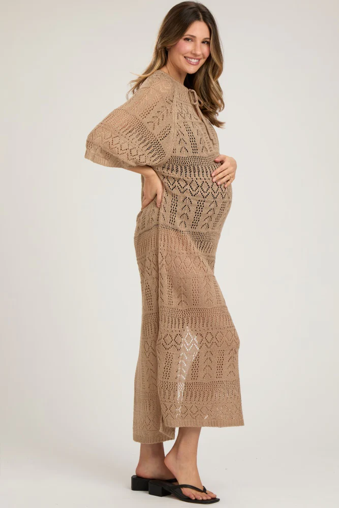 Taupe Open Knit Front Tie Side Slit Midi Maternity Swim Cover Up - Image 3