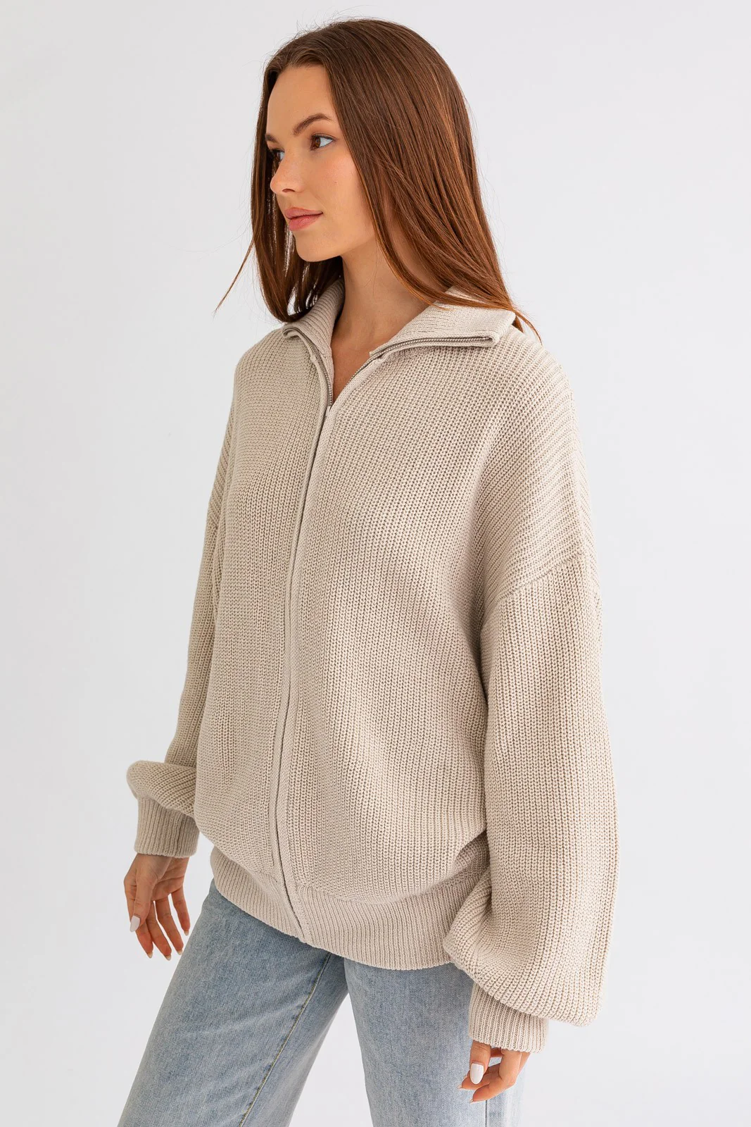 Taupe Oversized Zip Up Cardigan - Image 5