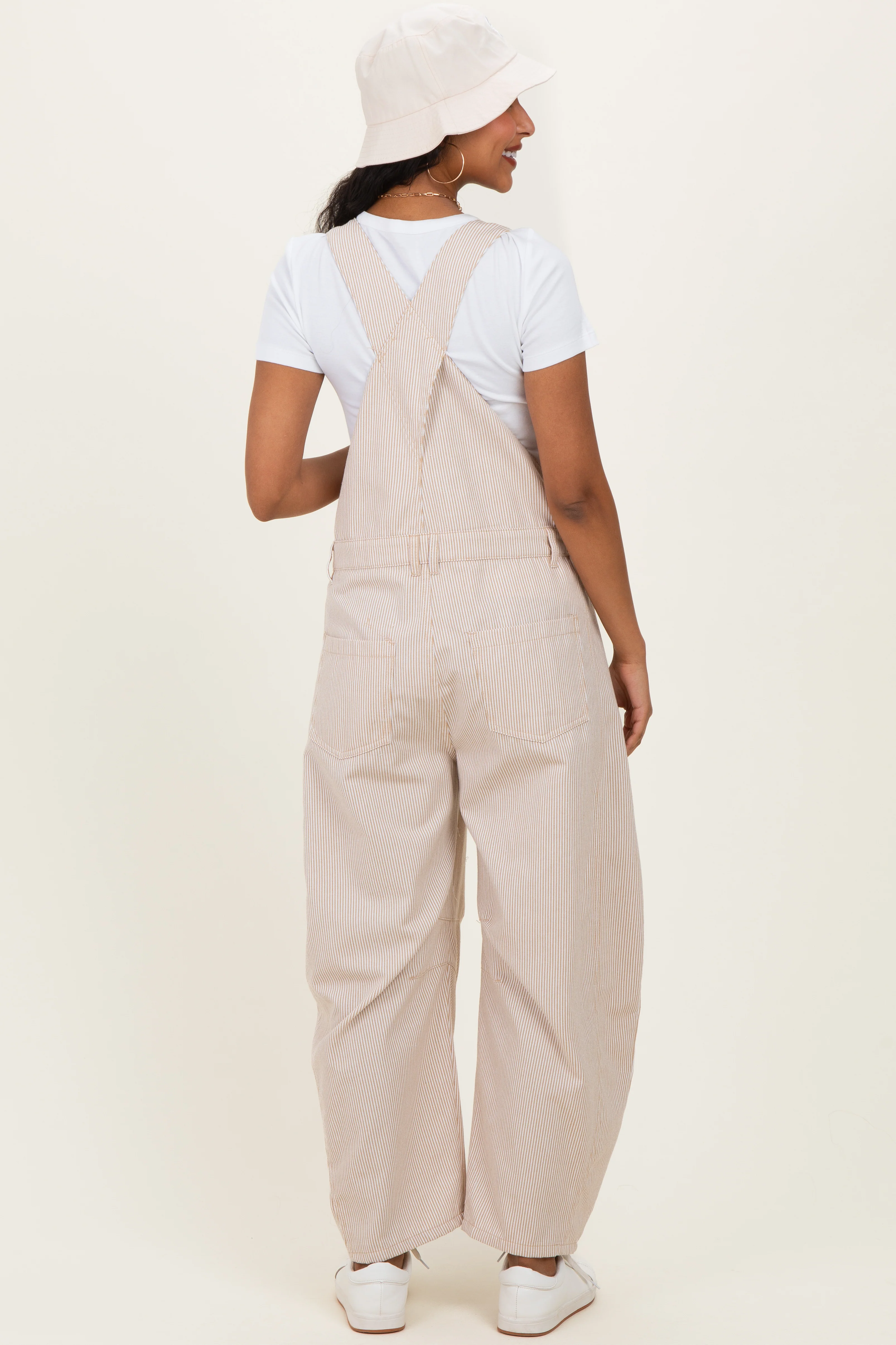 Taupe Pinstriped Barrel-Leg Maternity Overalls - Image 4
