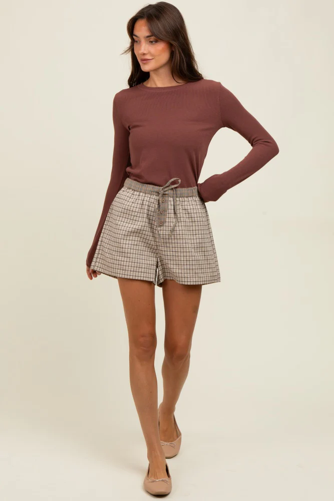 Taupe Plaid Drawstring Button Accent Shorts - Image 6