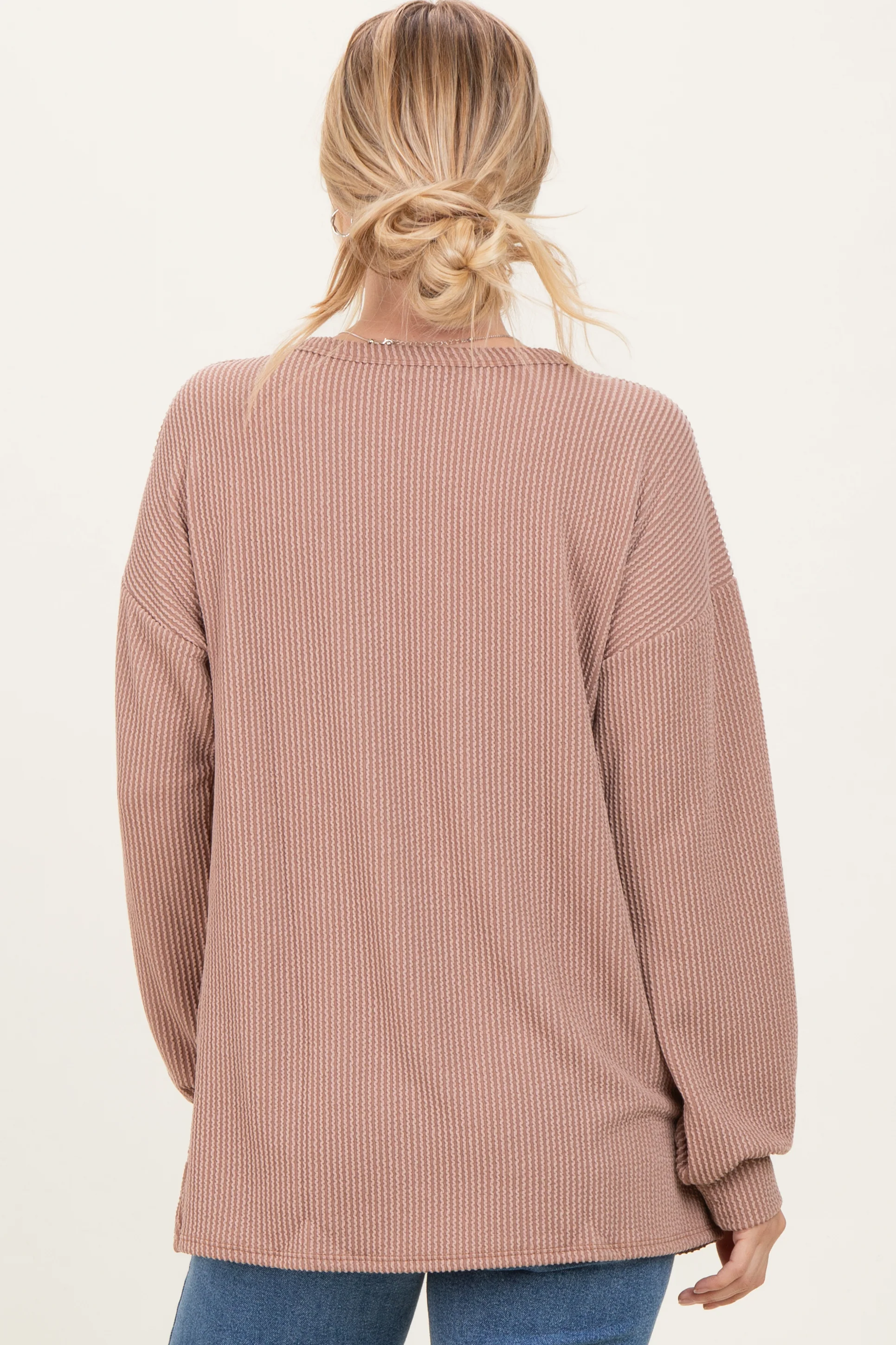 Taupe Puff Sleeve Solid Ribbed Top - Image 4