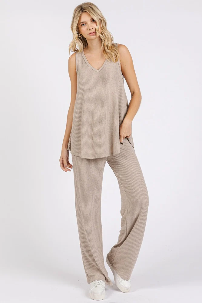 Taupe Rib Knit Tank and Pant Maternity Set - Image 3
