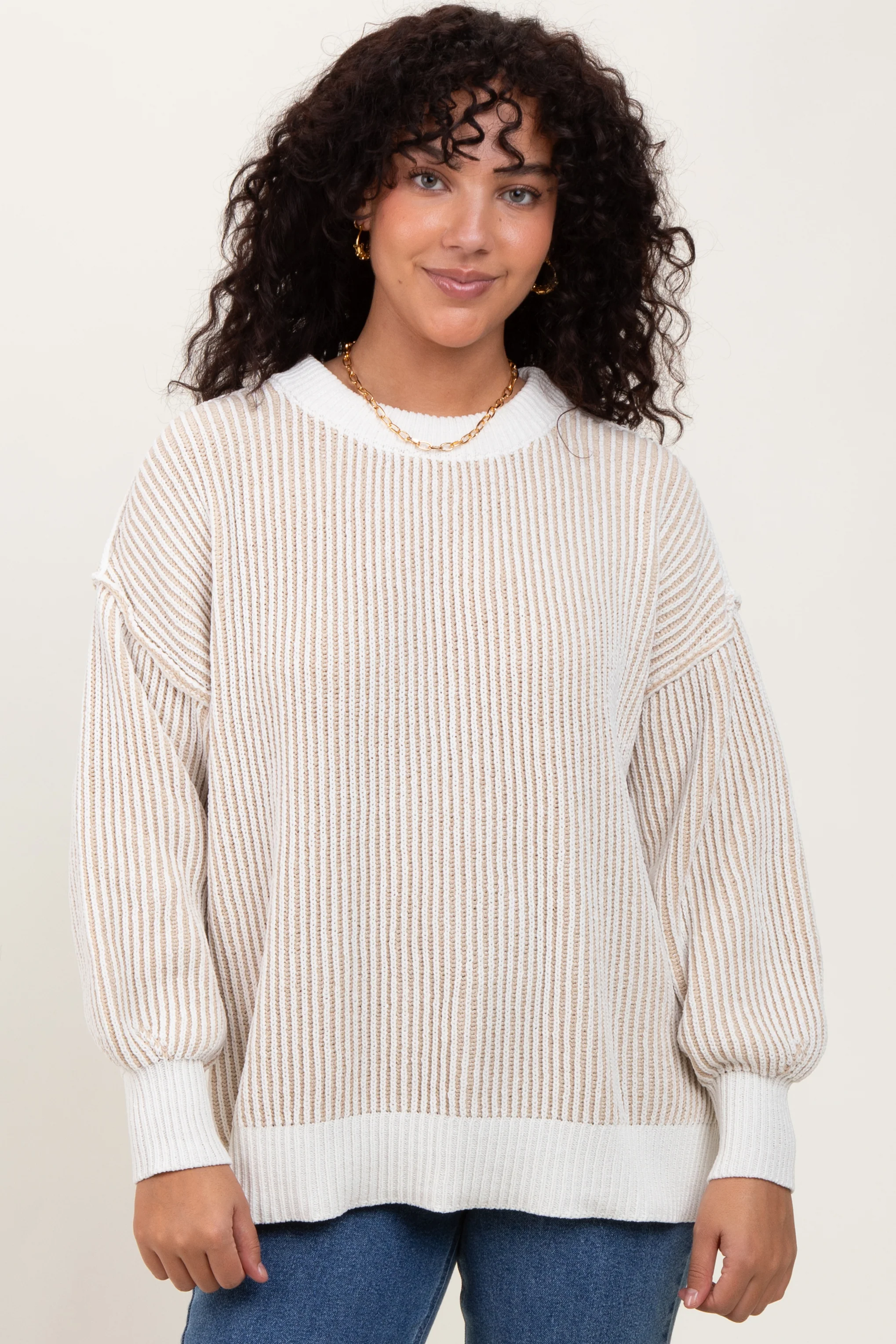 Taupe Ribbed Balloon Sleeve Maternity Sweater - Image 5