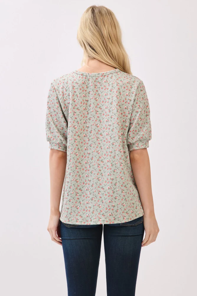 Taupe Ribbed Ditsy Floral Puff Sleeve Top - Image 5