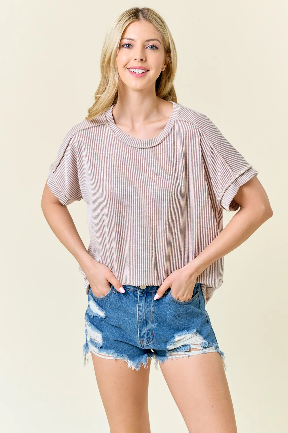 Taupe Ribbed Exposed Seam Maternity Short Sleeve Top - Image 5