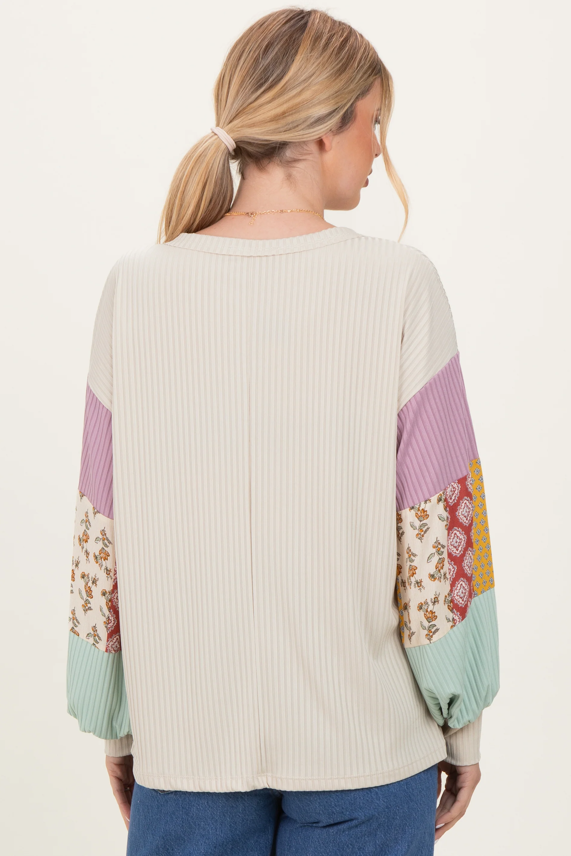 Taupe Ribbed Long Sleeve Colorblock Top - Image 4