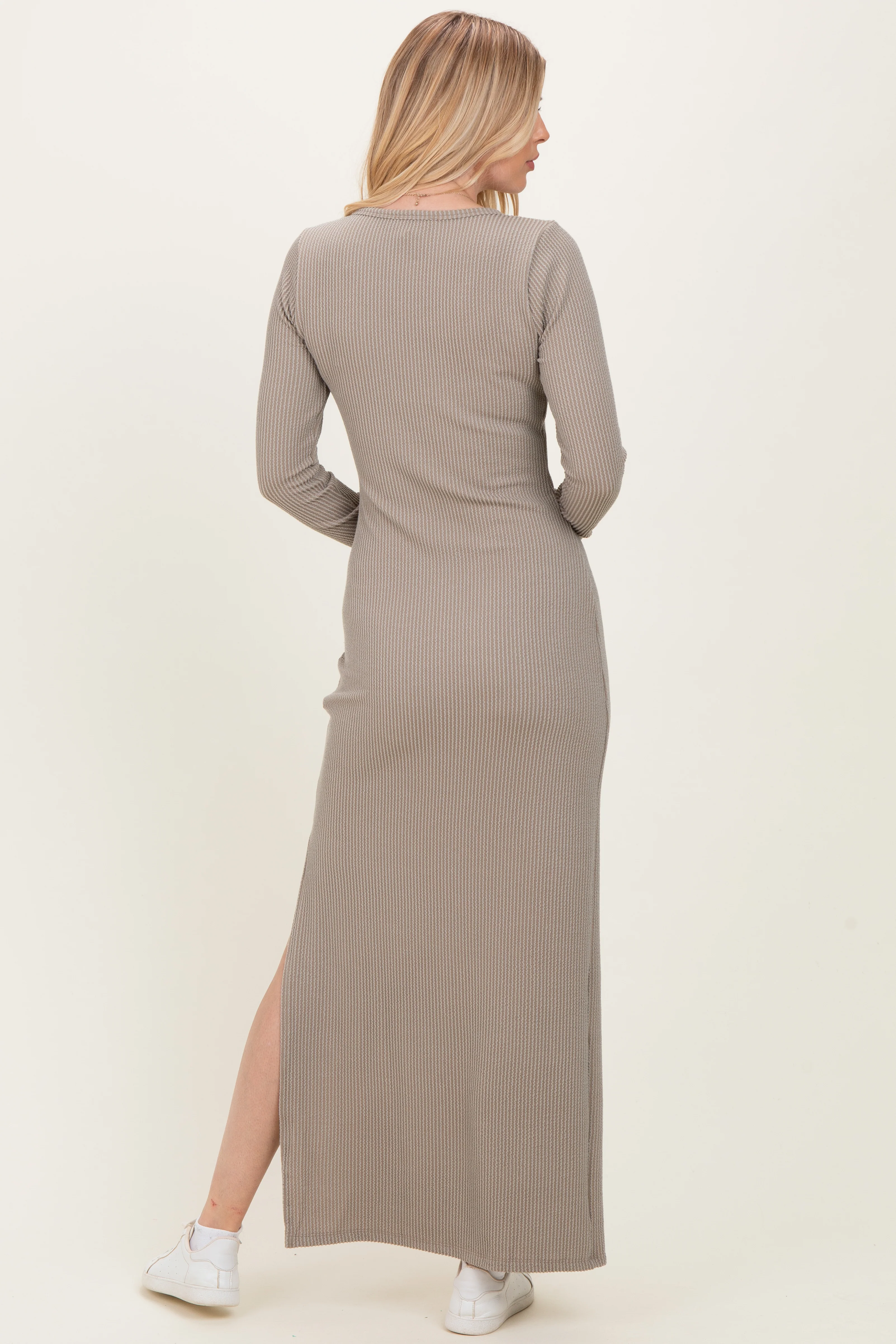 Taupe Ribbed Long Sleeve Side Slit Maxi Dress - Image 4