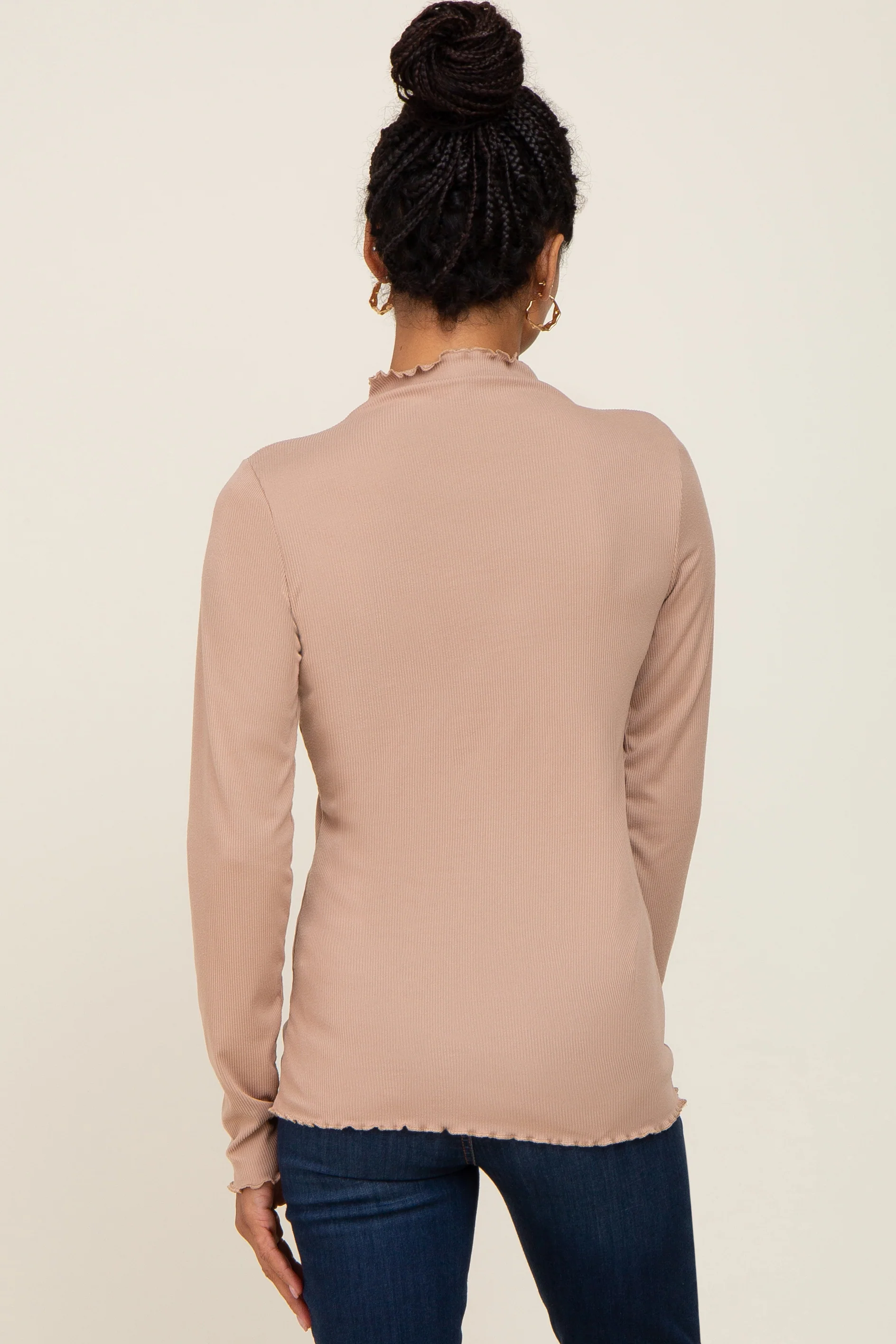 Taupe Ribbed Mock Neck Lettuce Trim Long Sleeve Top - Image 3