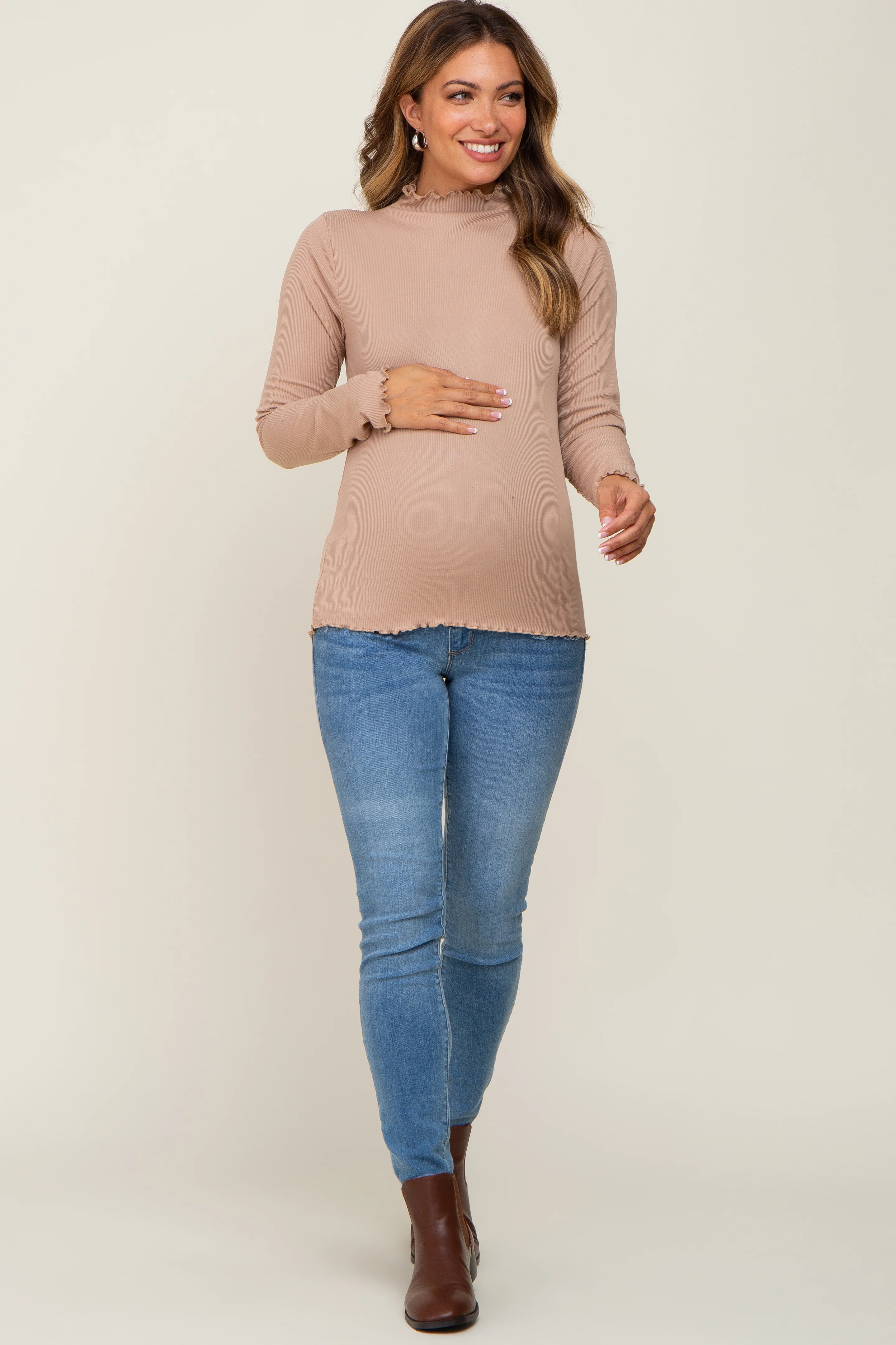 Taupe Ribbed Mock Neck Lettuce Trim Maternity Long Sleeve Top - Image 4
