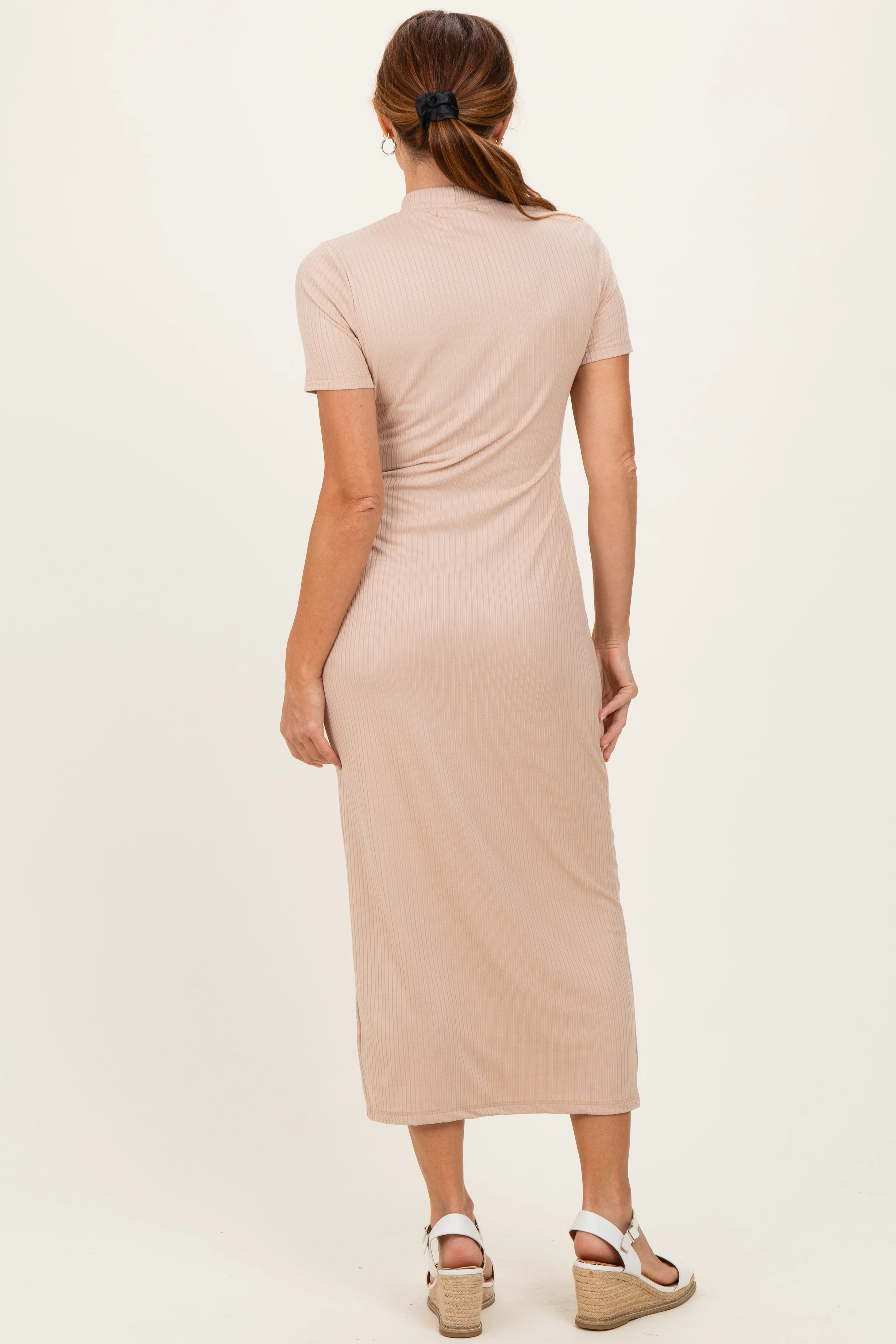 Taupe Ribbed Mock Neck Short Sleeve Midi Dress - Image 3