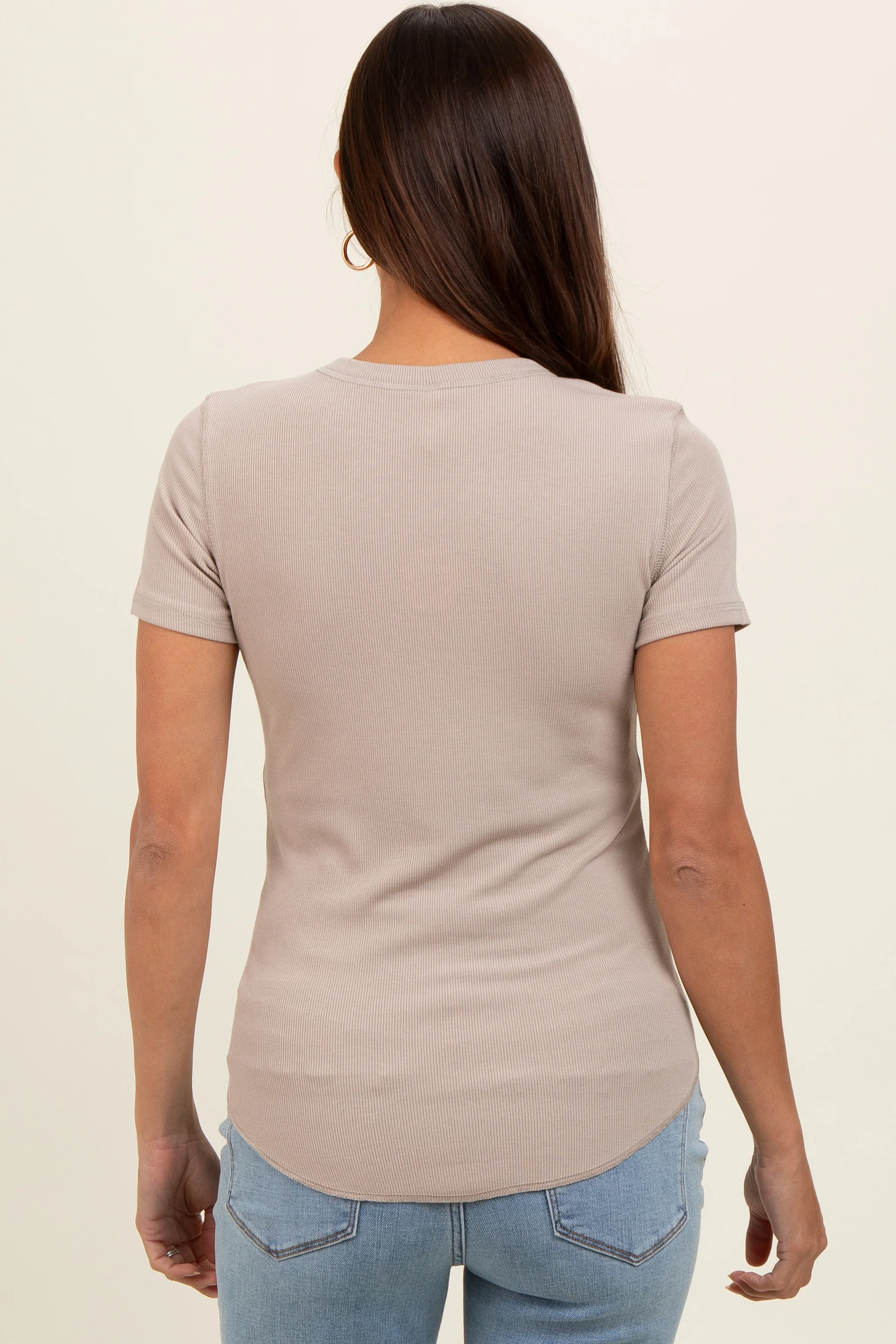 Taupe Ribbed Short Sleeve Curved Hem Maternity Top - Image 4