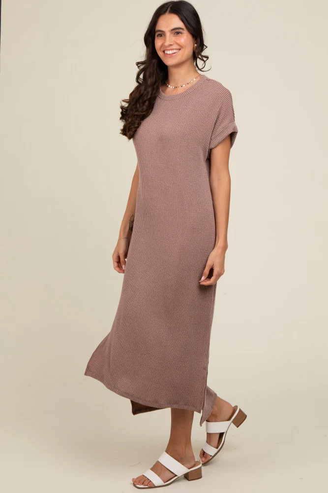 Taupe Ribbed Short Sleeve Midi Dress - Image 2