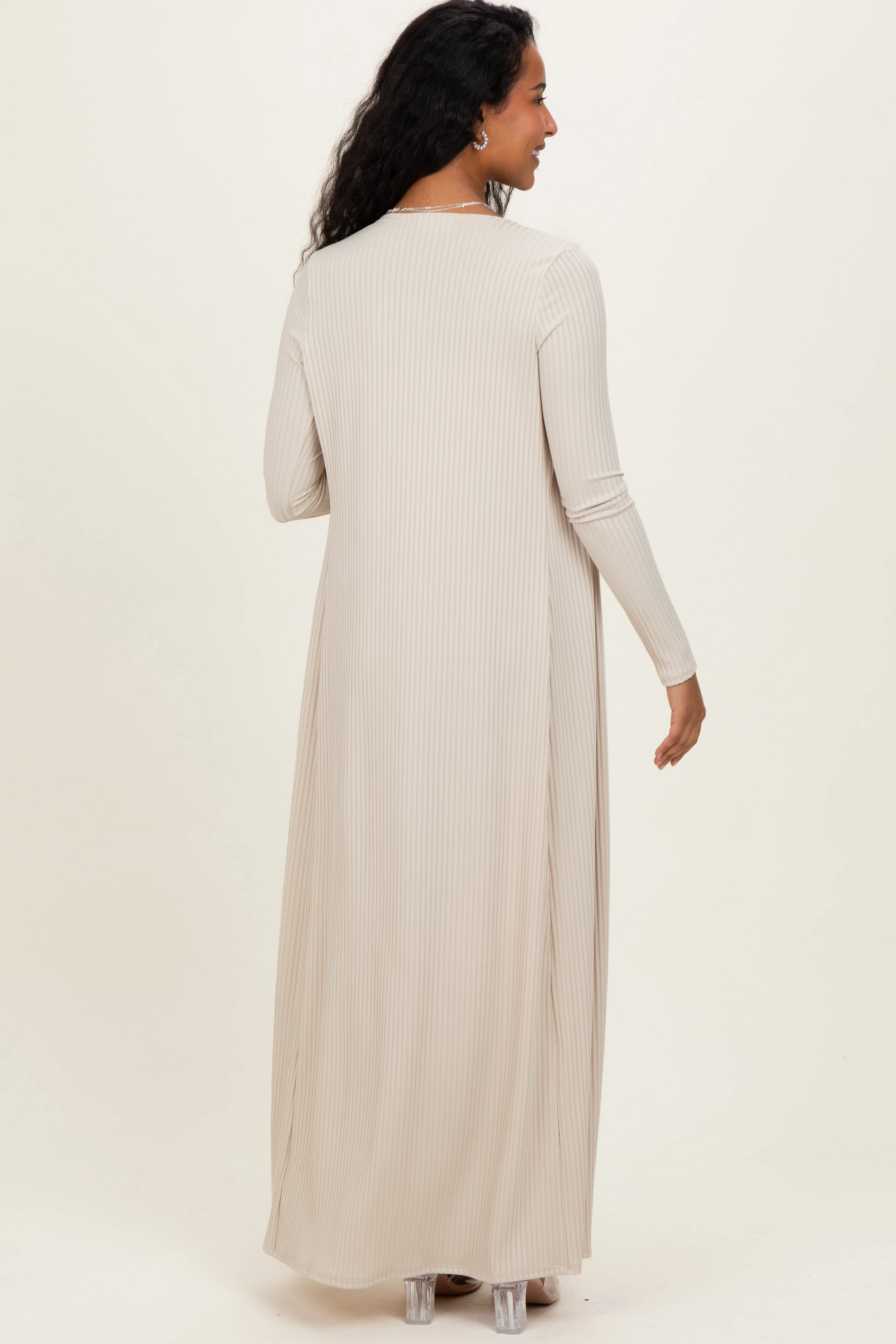Taupe Ribbed Sleeveless Dress Cardigan Maternity Set - Image 4