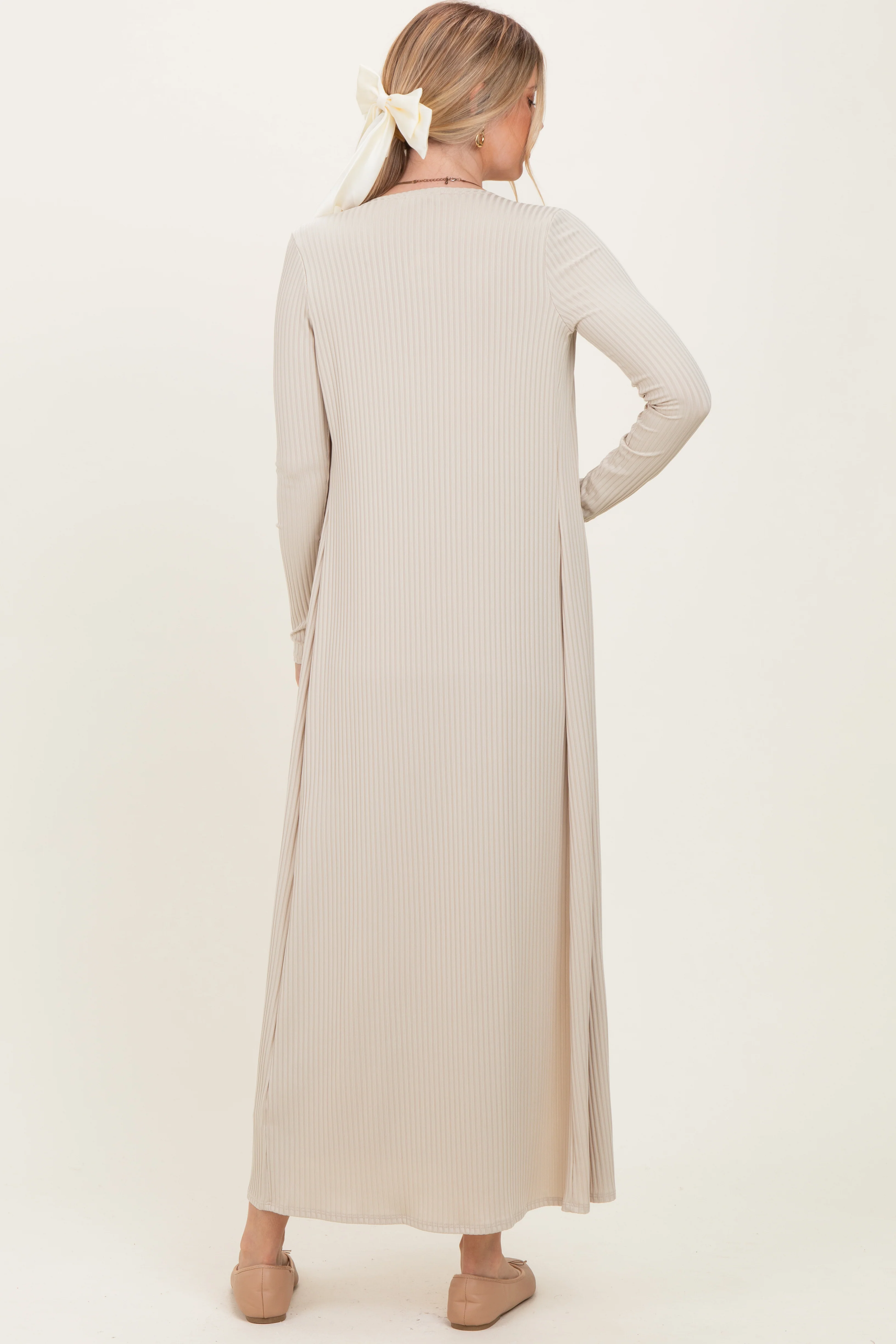 Taupe Ribbed Sleeveless Dress Cardigan Set - Image 4