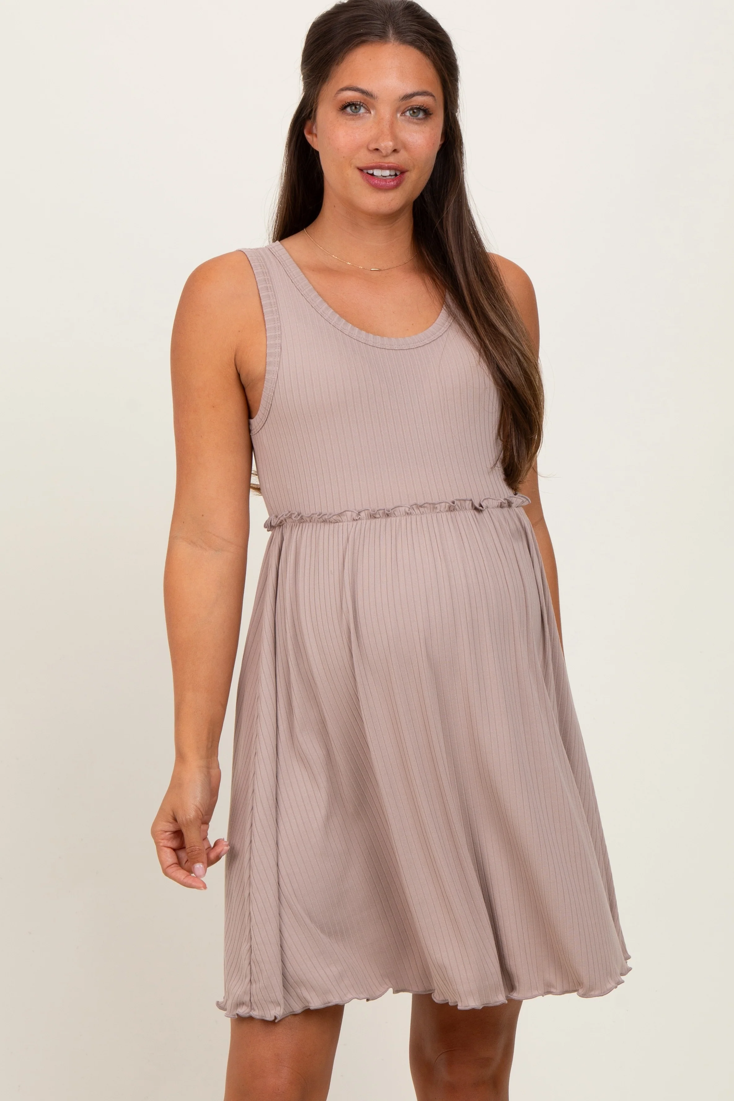 Taupe Ribbed Sleeveless Lettuce Trim Maternity Mini Dress - Image 2