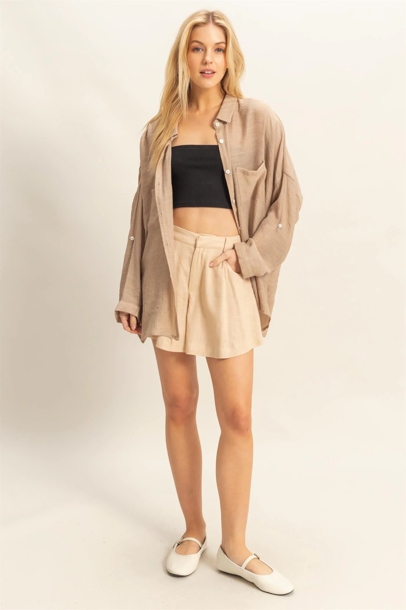 Taupe Roll Up Sleeve Button-Up Oversized Shirt - Image 5