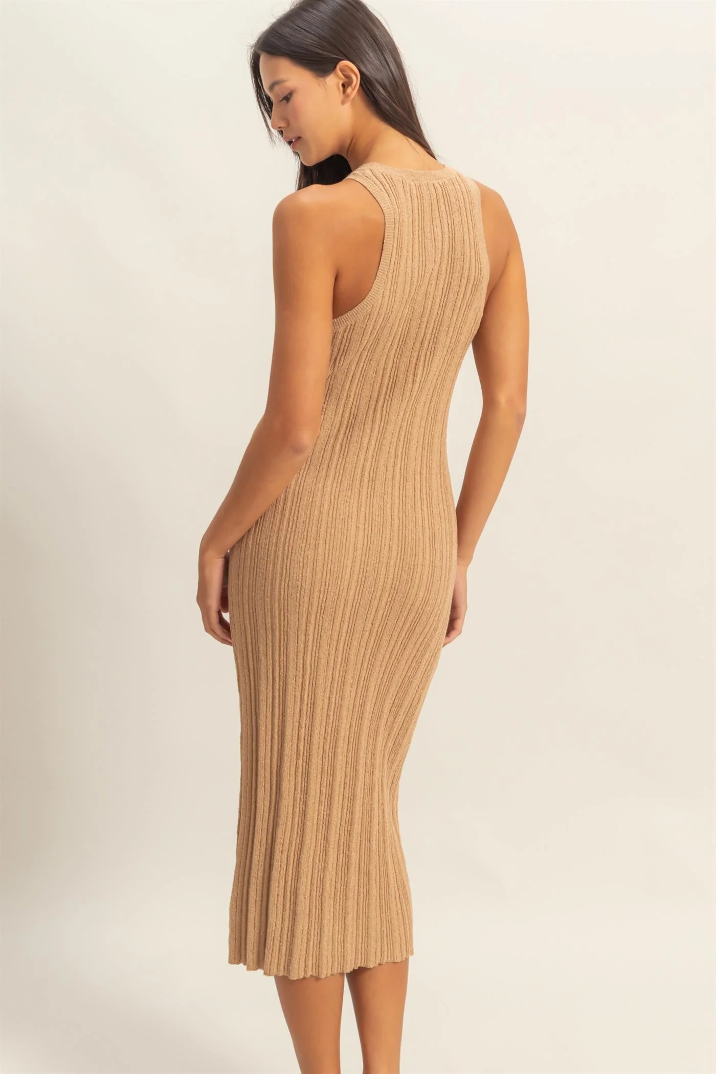 Taupe Round Neck Bodycon Ribbed Knit Midi Dress - Image 3