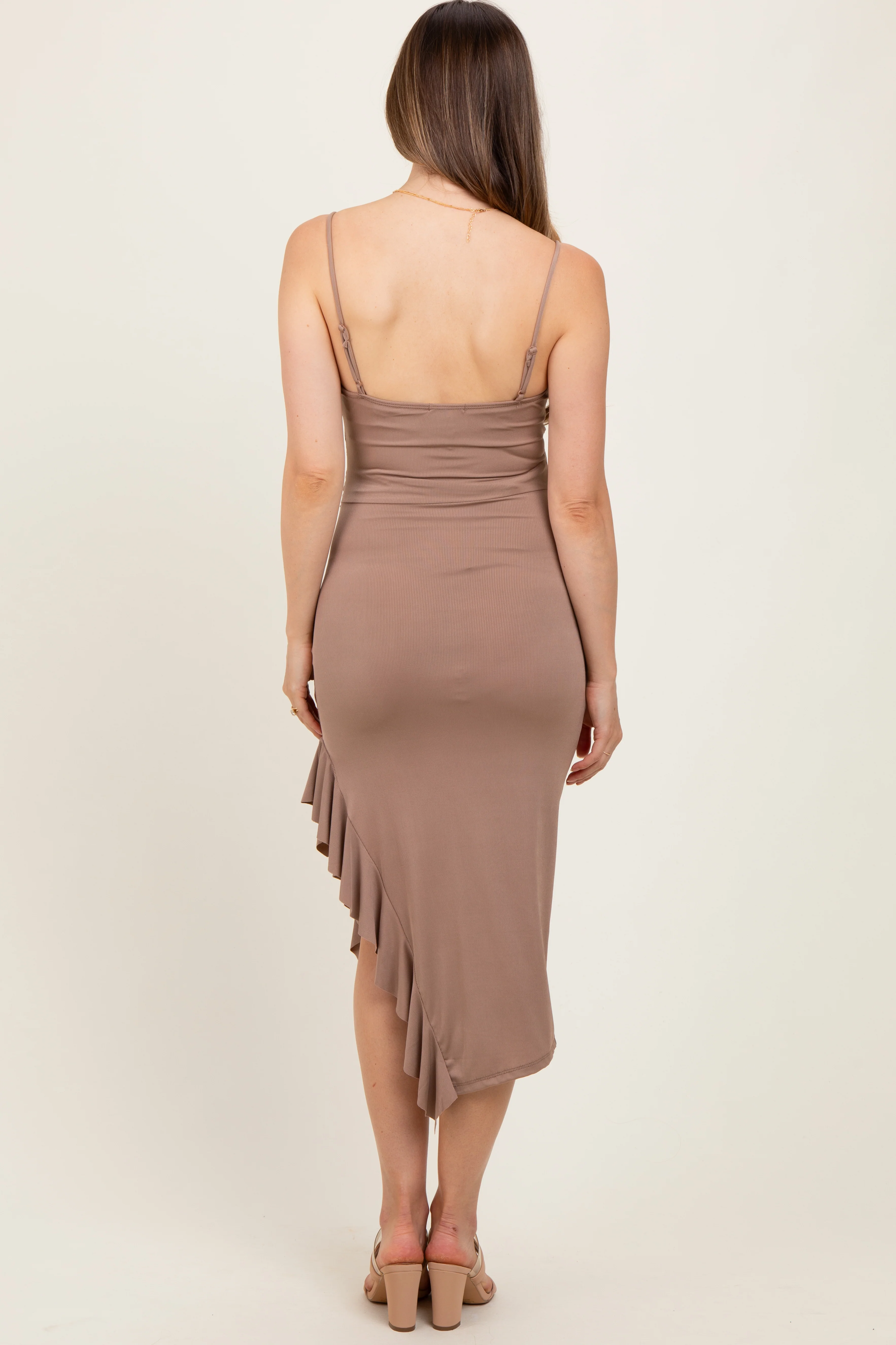 Taupe Ruched Ruffle Detail Sleeveless Maternity Midi Dress - Image 3