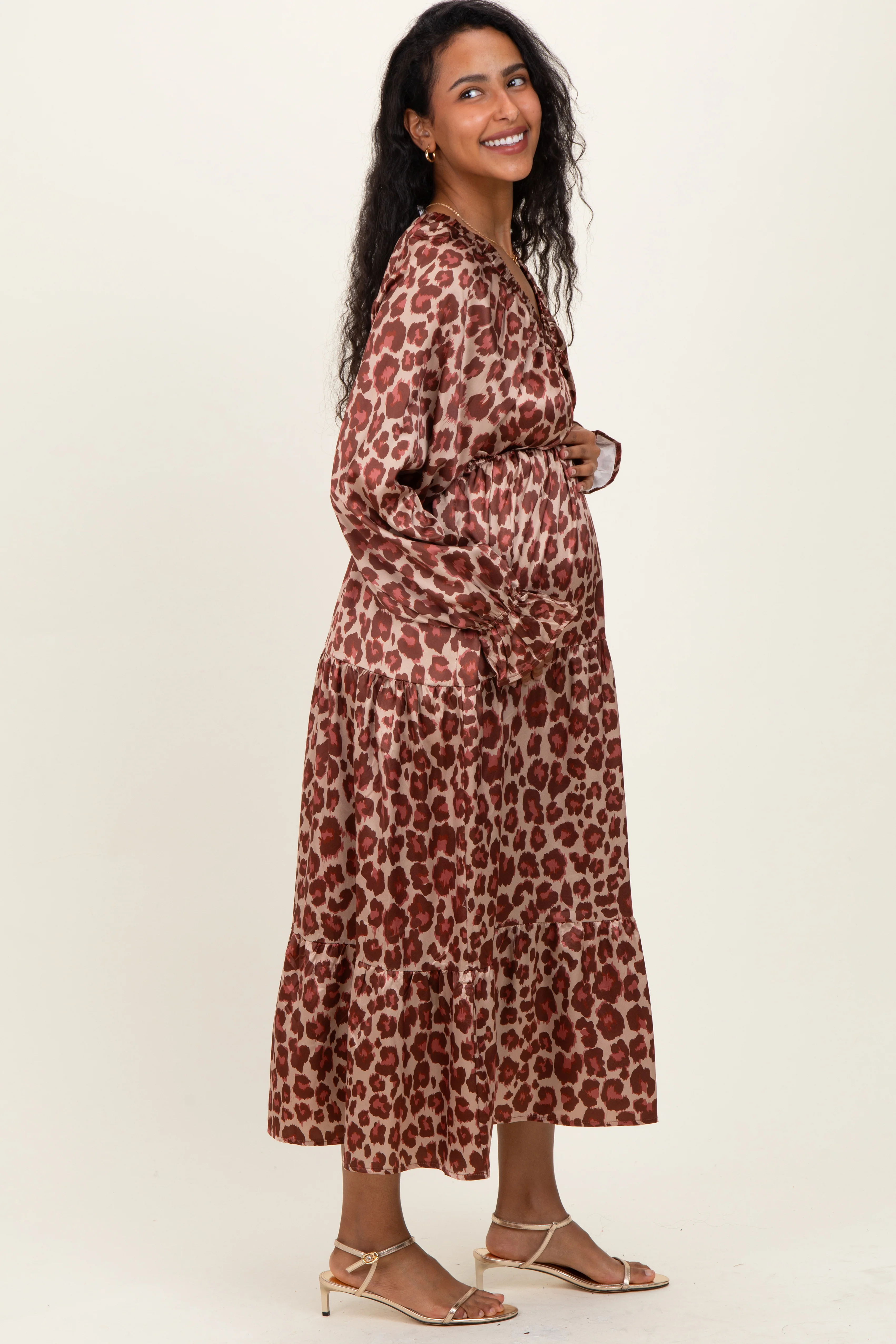 Taupe/Rust Satin Leopard Tiered Side Pocket Maternity Maxi Dress - Image 3