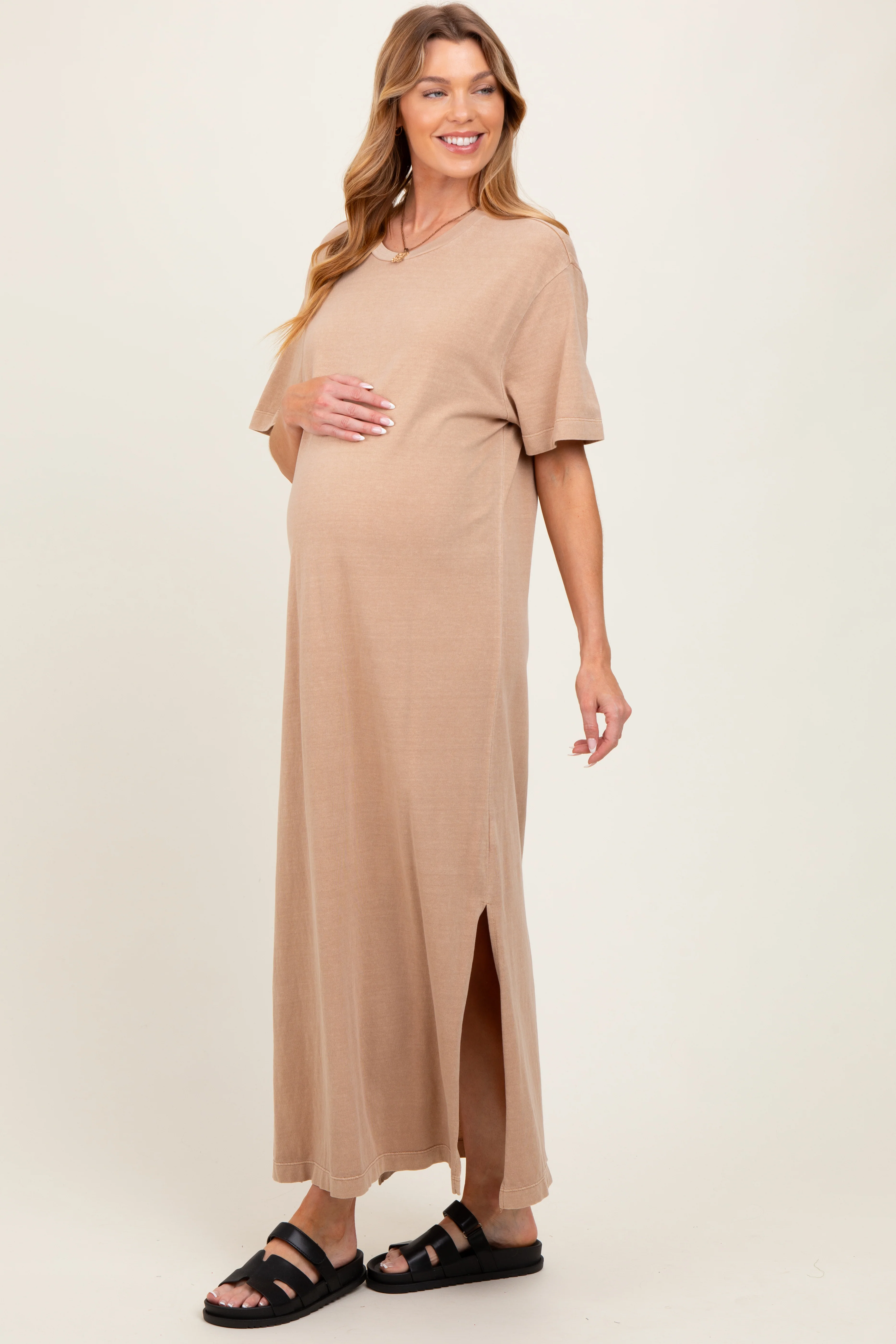 Taupe Short Sleeve Knit T-Shirt Maternity Maxi Dress - Image 3