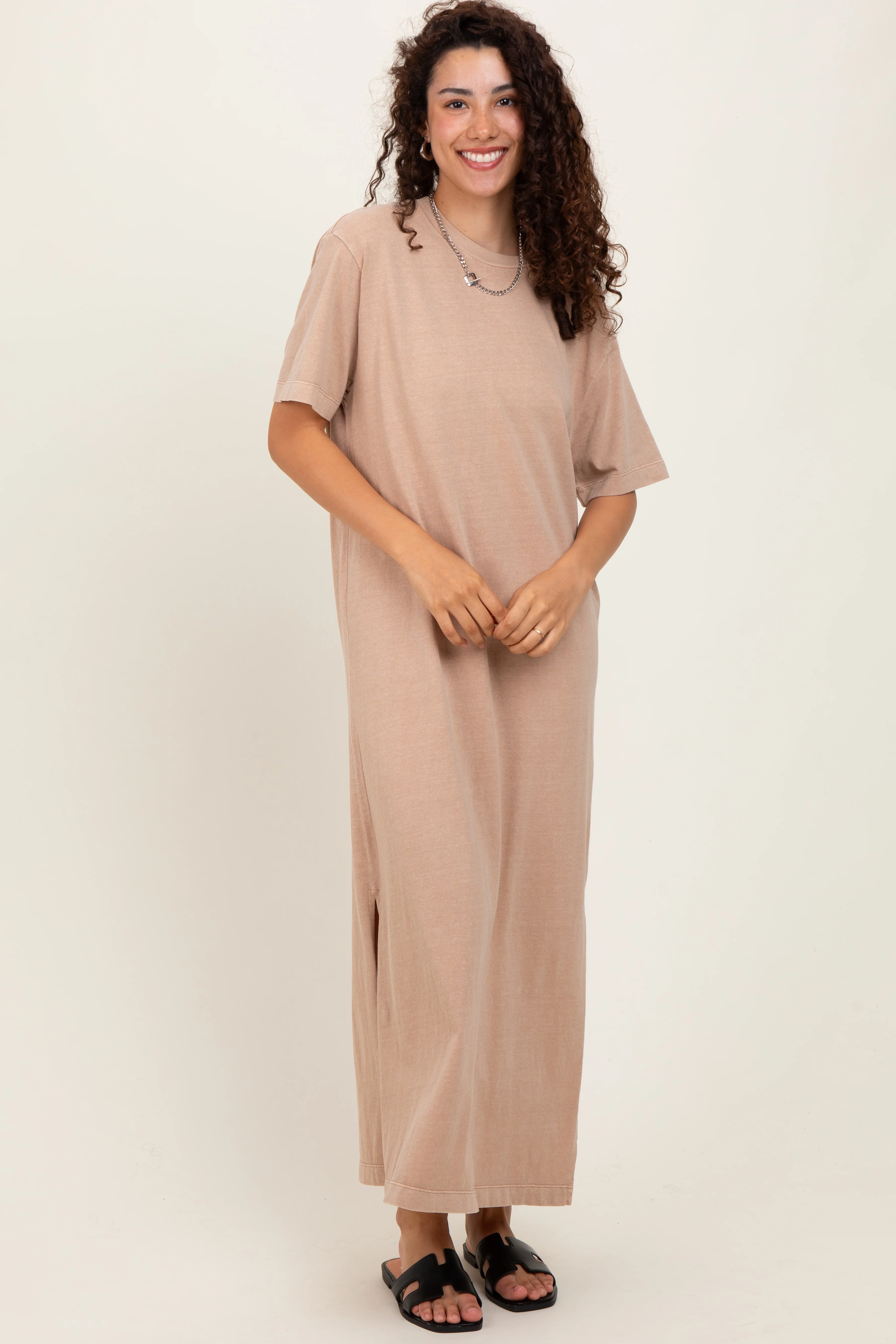 Taupe Short Sleeve Knit T-Shirt Maternity Maxi Dress - Image 5